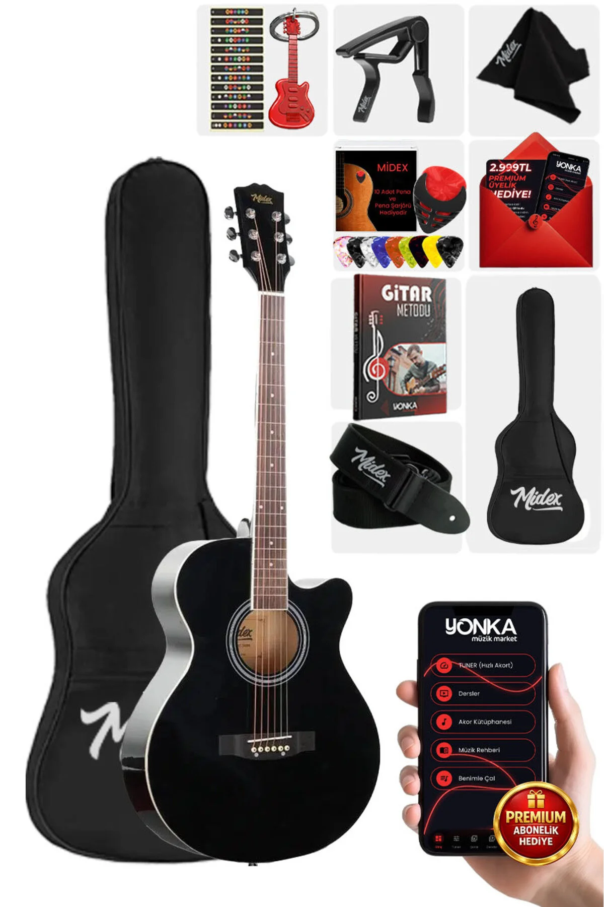 گیتار XC 200BK مورد آکوستیک سیاه 4 طول بزرگسالان TUNER CAPO HANGER PENA Midex