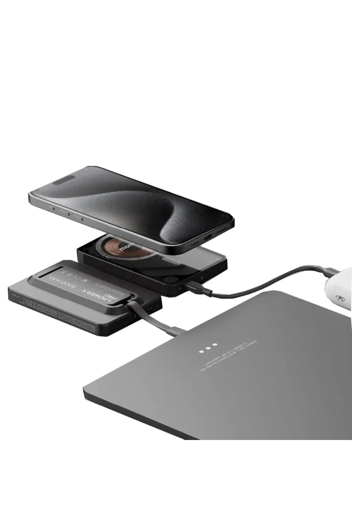 پاوربانک 1 بسته باتری بی سیم مغناطیسی POWER X PRO 5000 میلی آمپر ساعت با پایه و کابل USB C داخلی مشکی اورجینال Momax