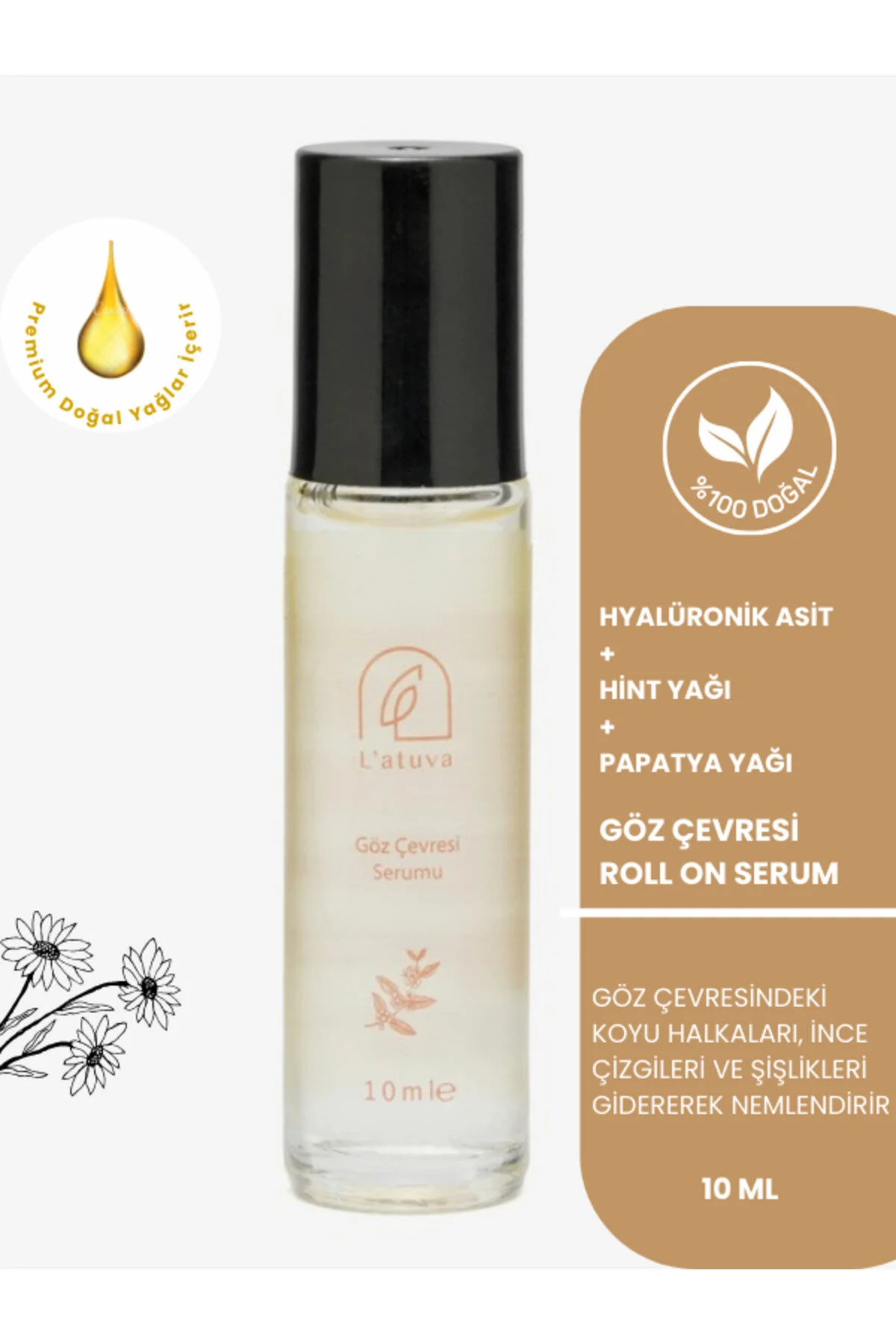 سرم طبیعی ضد چروک و پف زیر چشم با هیالورونیک اسید و روغن بادام و روغن بابونه 10 میلی لیتر L'atuva