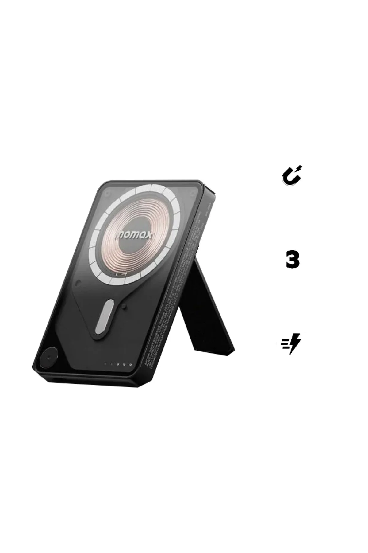 پاوربانک 1 بسته باتری بی سیم مغناطیسی POWER X PRO 5000 میلی آمپر ساعت با پایه و کابل USB C داخلی مشکی اورجینال Momax