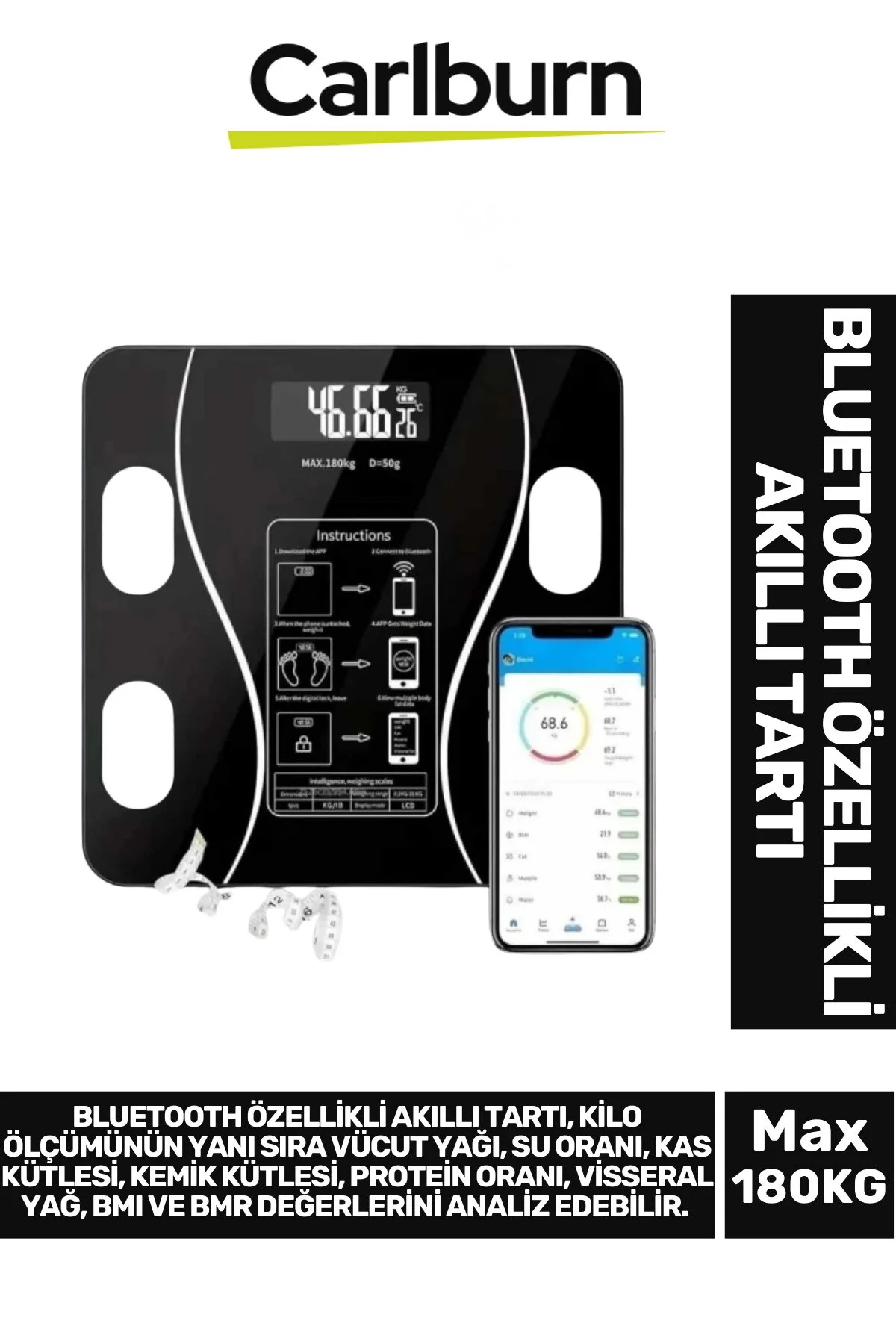 ترازو صفحه نمایش LCD بدن روغن استخوان نسبت پروتئین جرم استخوانی بلوتوث دارای وزن هوشمند است Carlburn