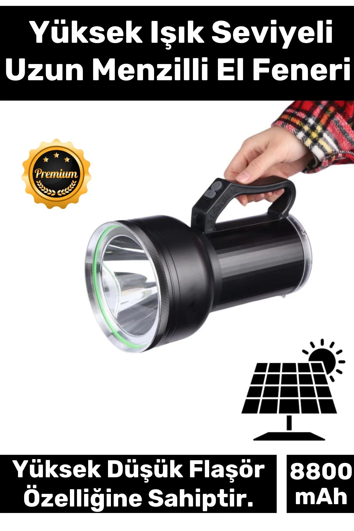 چراغ قوه PREMIUM 5 MODE GT LED قابل حمل سفید 8800 میلی آمپر ساعت باتری 23 سانتی متر نورپردازی خورشیدی Carlburn