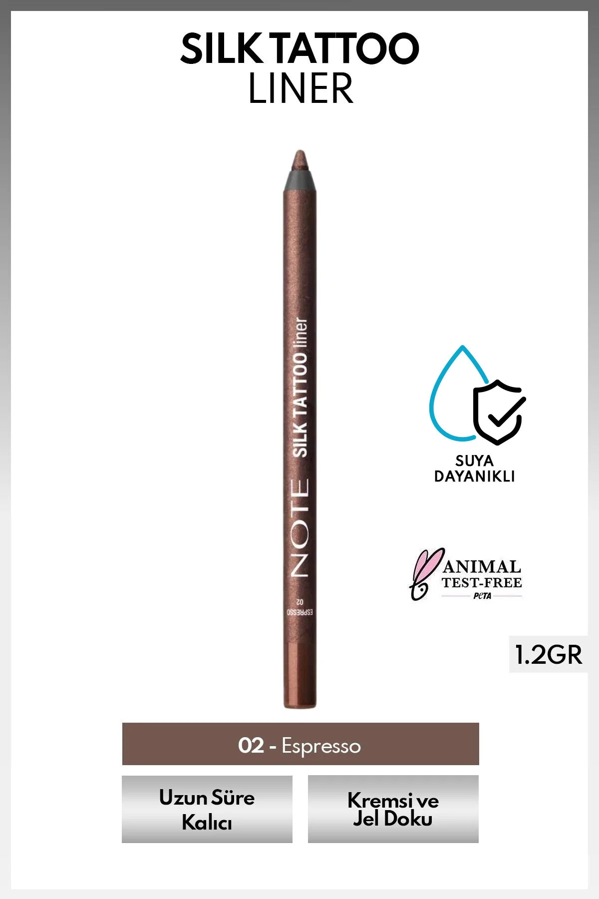 مداد چشم خط ابریشمی ژل ضد آب تاتو سیلک 02 اسپرسو قهوه ای درخشنده Note Cosmetics
