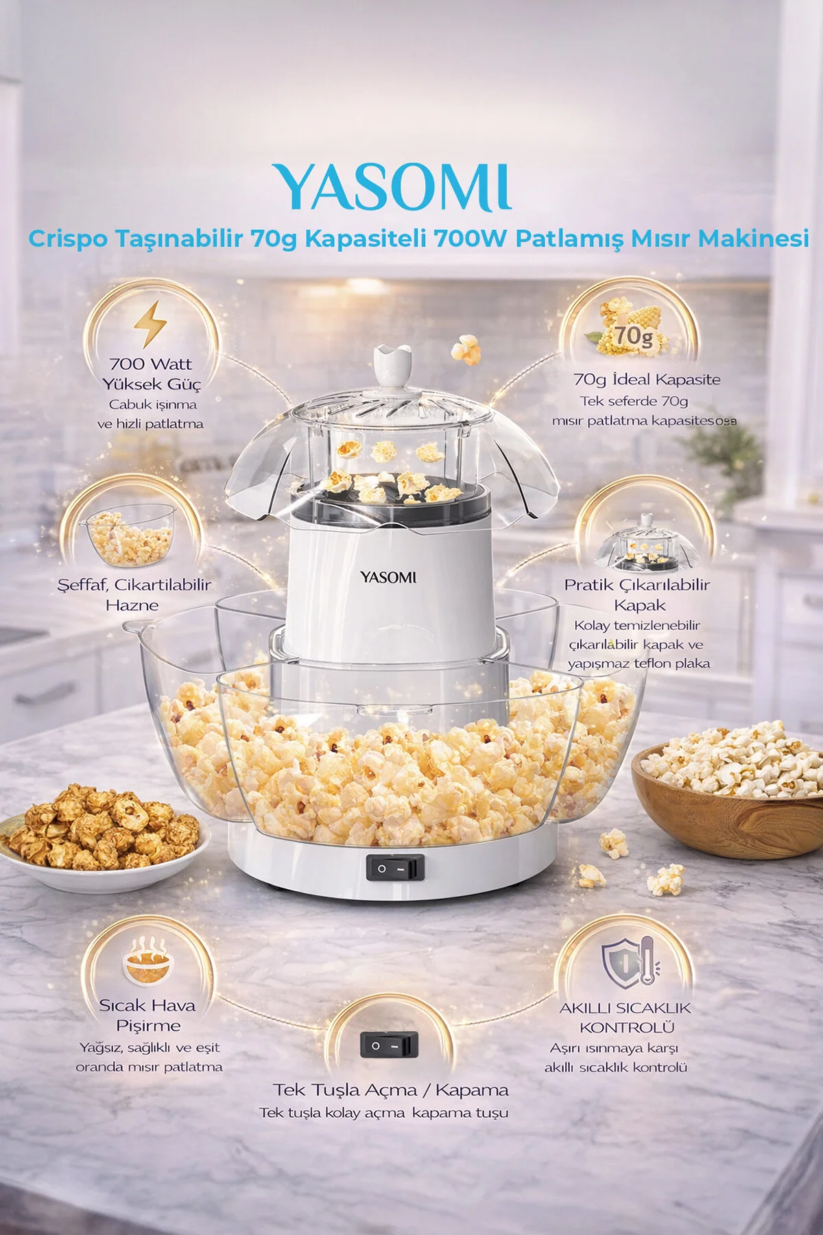 دستگاه پاپ کورن ساز پرتابل 70 گرمی CRISPO با ظرفیت 1200 وات اورجینال Yasomi