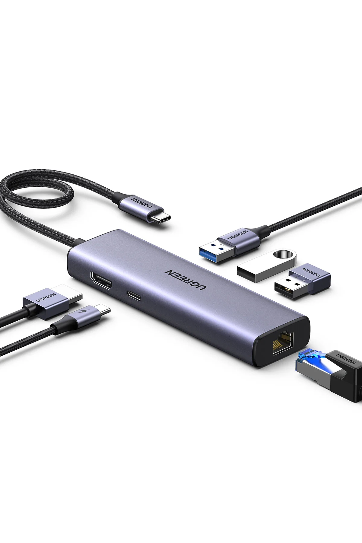 افزاینده و چندراهی TYPE C تا 3 USB 3.0 4K 30HZ HDMI RJ45 GIGABIT ETHERNET 100W PD ENTRY COMPANT ADAPT Ugreen
