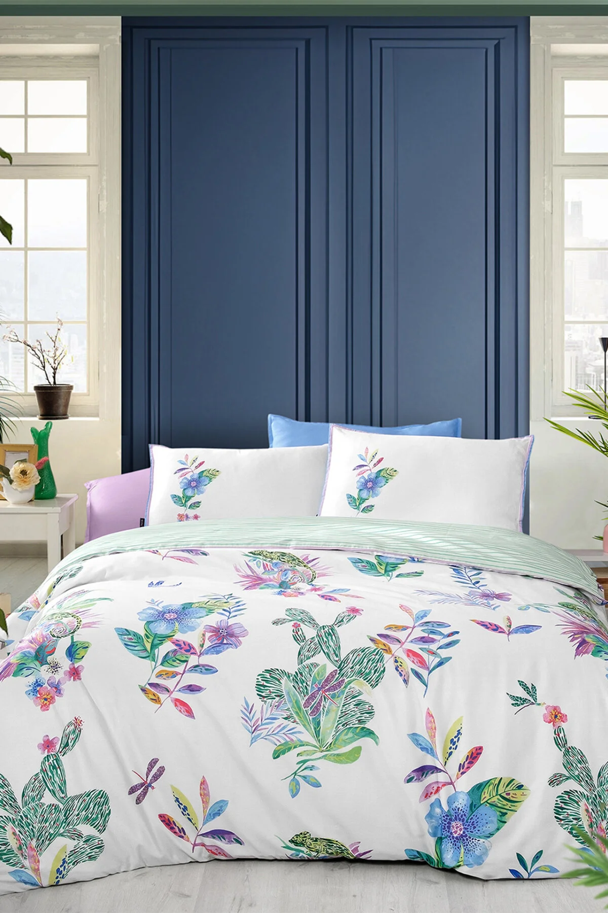 کاور لحاف دو نفره سبز سرویس روتختی Jimena Multi Double 100 ٪ Cotton Satin 300 Tc Duvet Cover مجموعه  Sarev