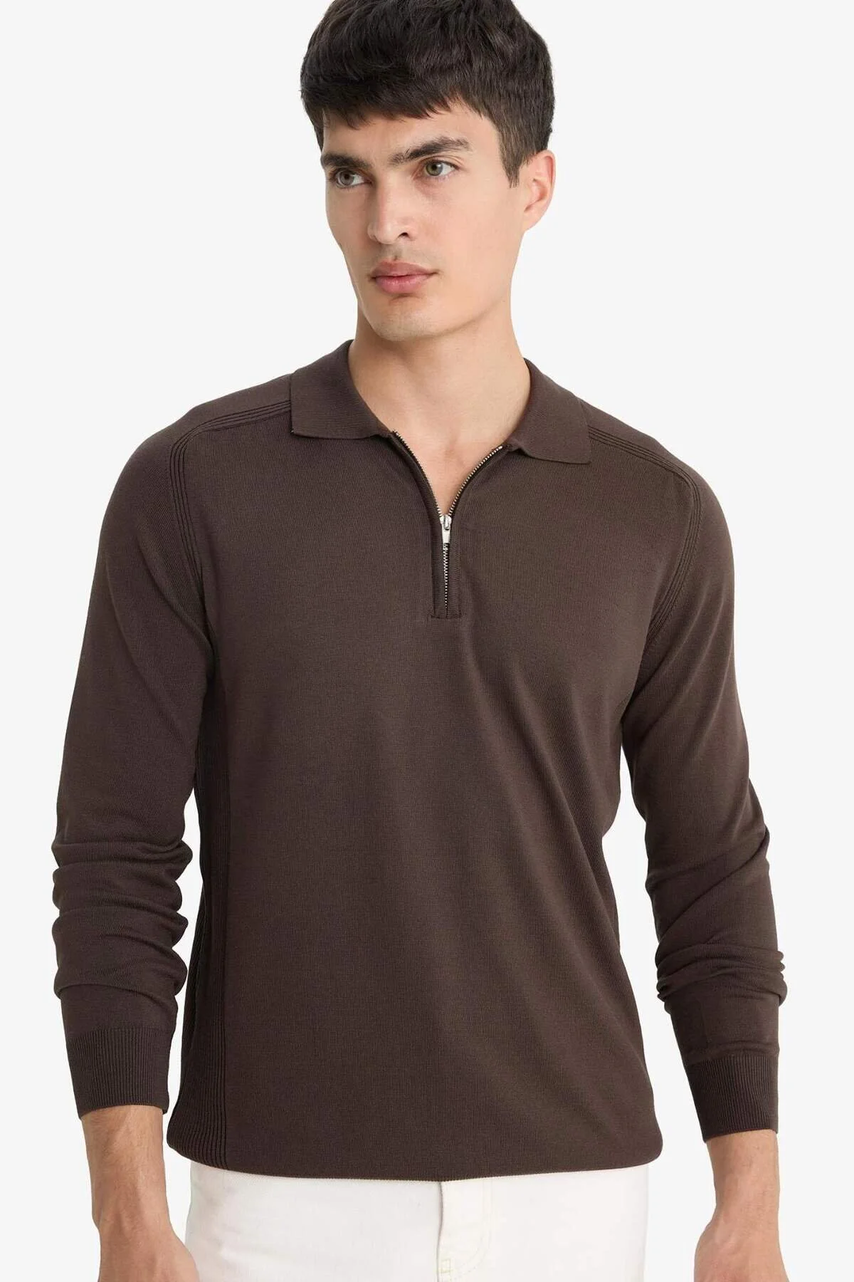 پلیور چند رنگ مردانه قهوه ای مناسب برش Zippered Polo Yaka Lnitwear Dower دفاکتو Defacto