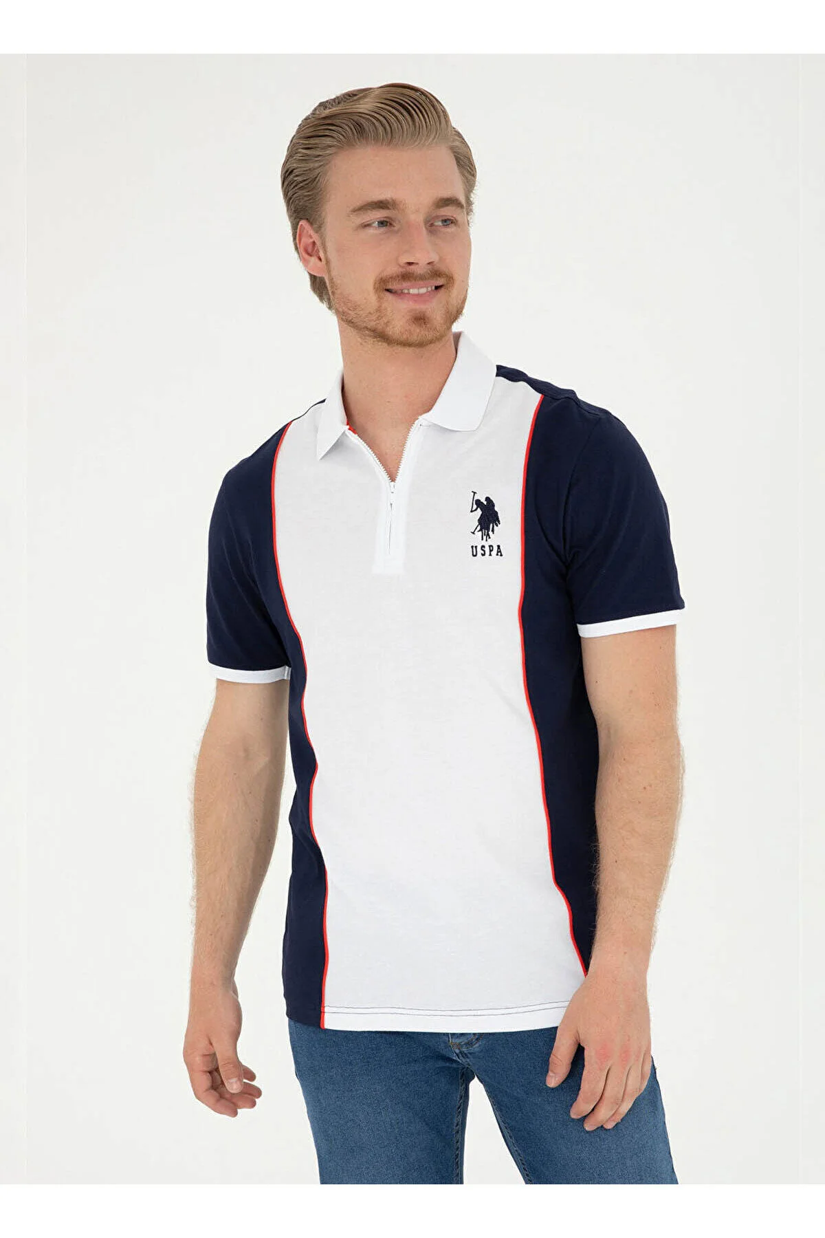 تی شرت آبی مردانه پایه چوگان Assn با زیپ یقه بافتنی یو اس پولو U.S. Polo Assn.