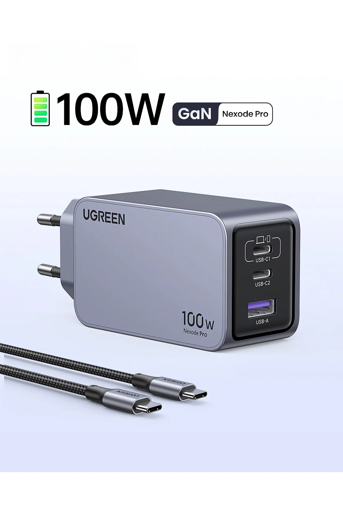آداپتور شارژ NEXODE PRO 25874 2XUSB C+USB A QC PD 100W GAN کابل سریع و Ugreen