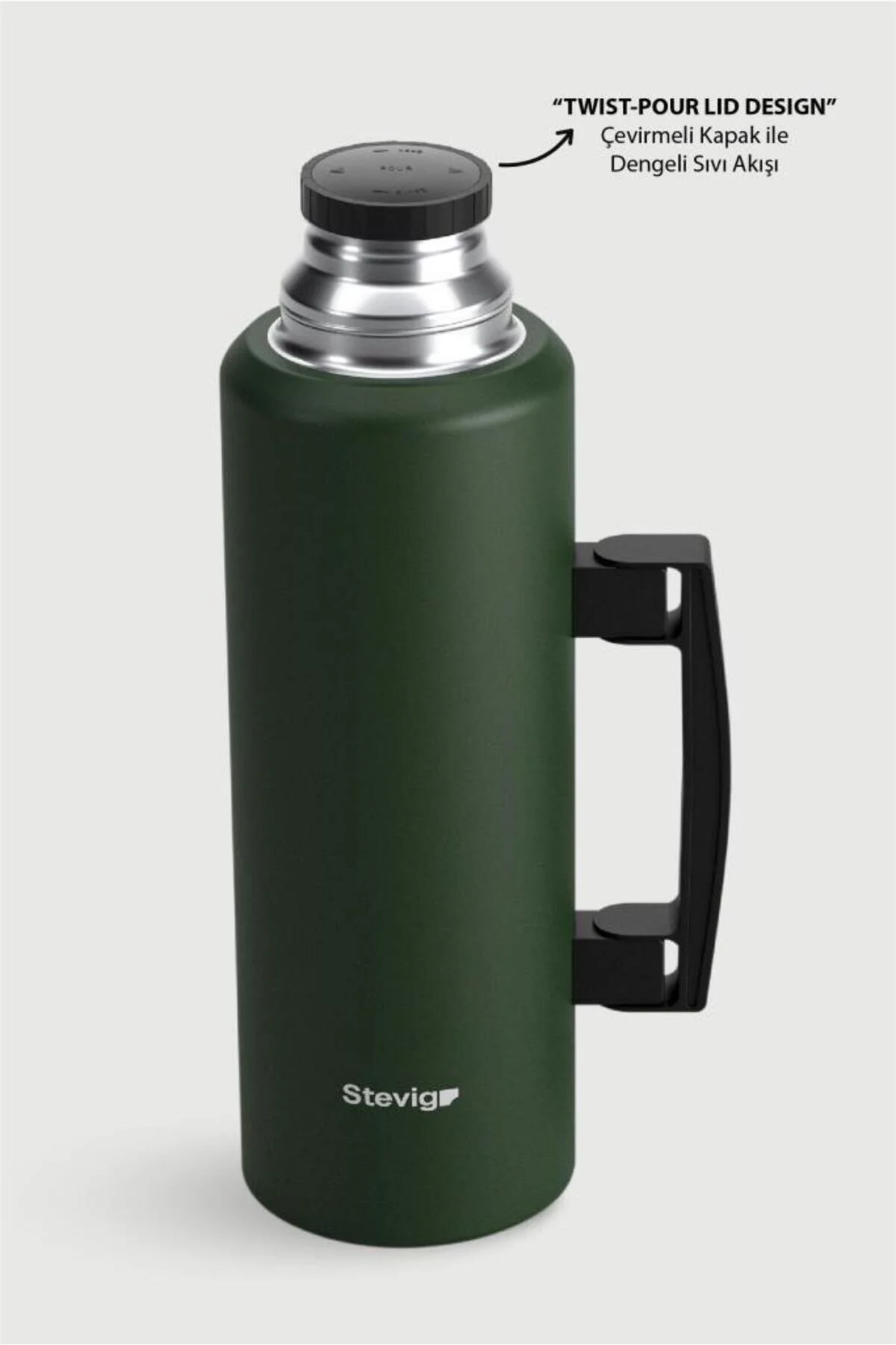 فلاسک 4 قمقمه استیل خلاء کلاسیک کمپ با دسته 1.5 ستوان گرین ST 206 اورجینال Stevig