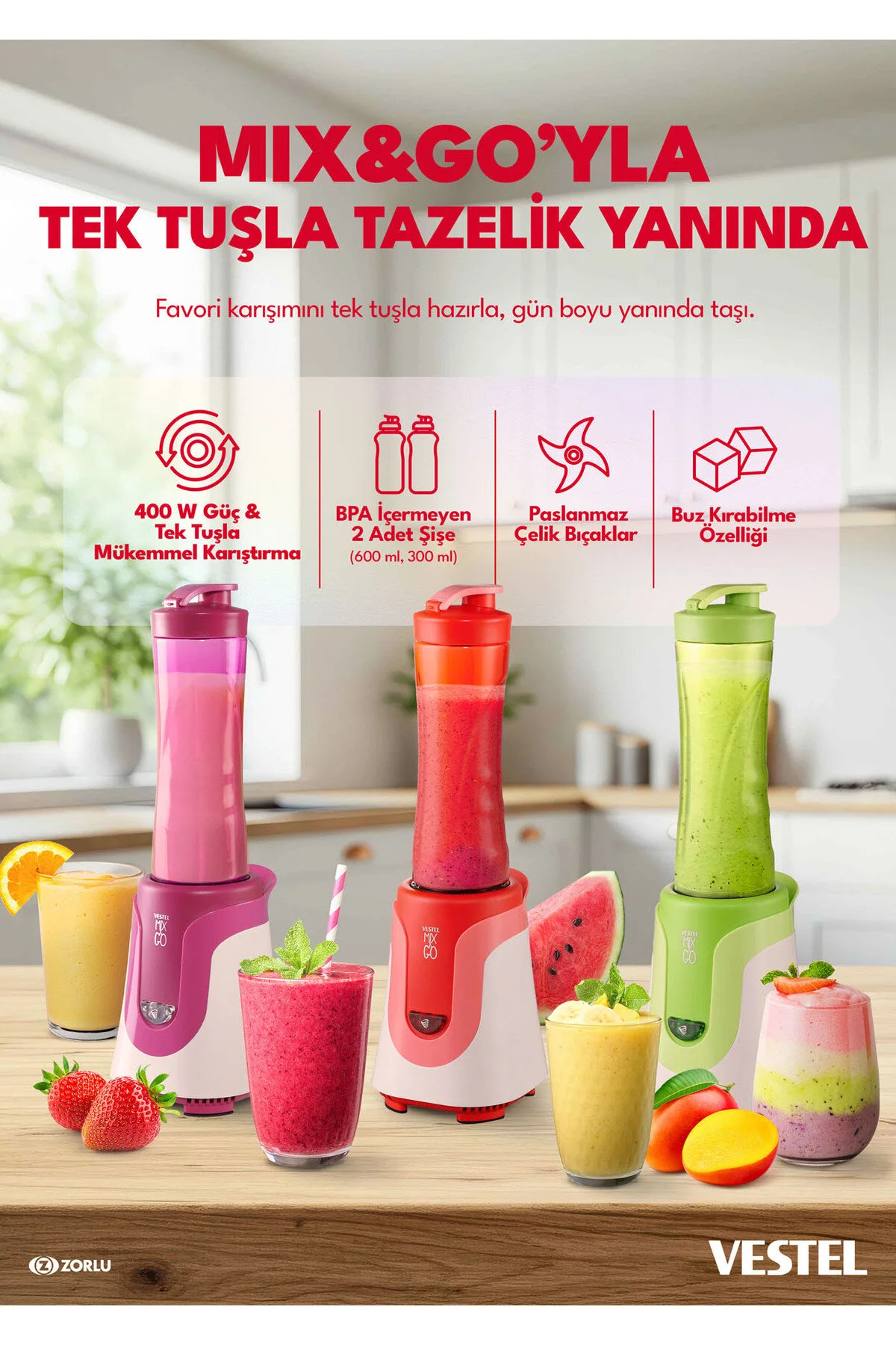 ست مخلوط کن اسموتی بلندر 300 واتی GO مشکی اورجینال VESTEL