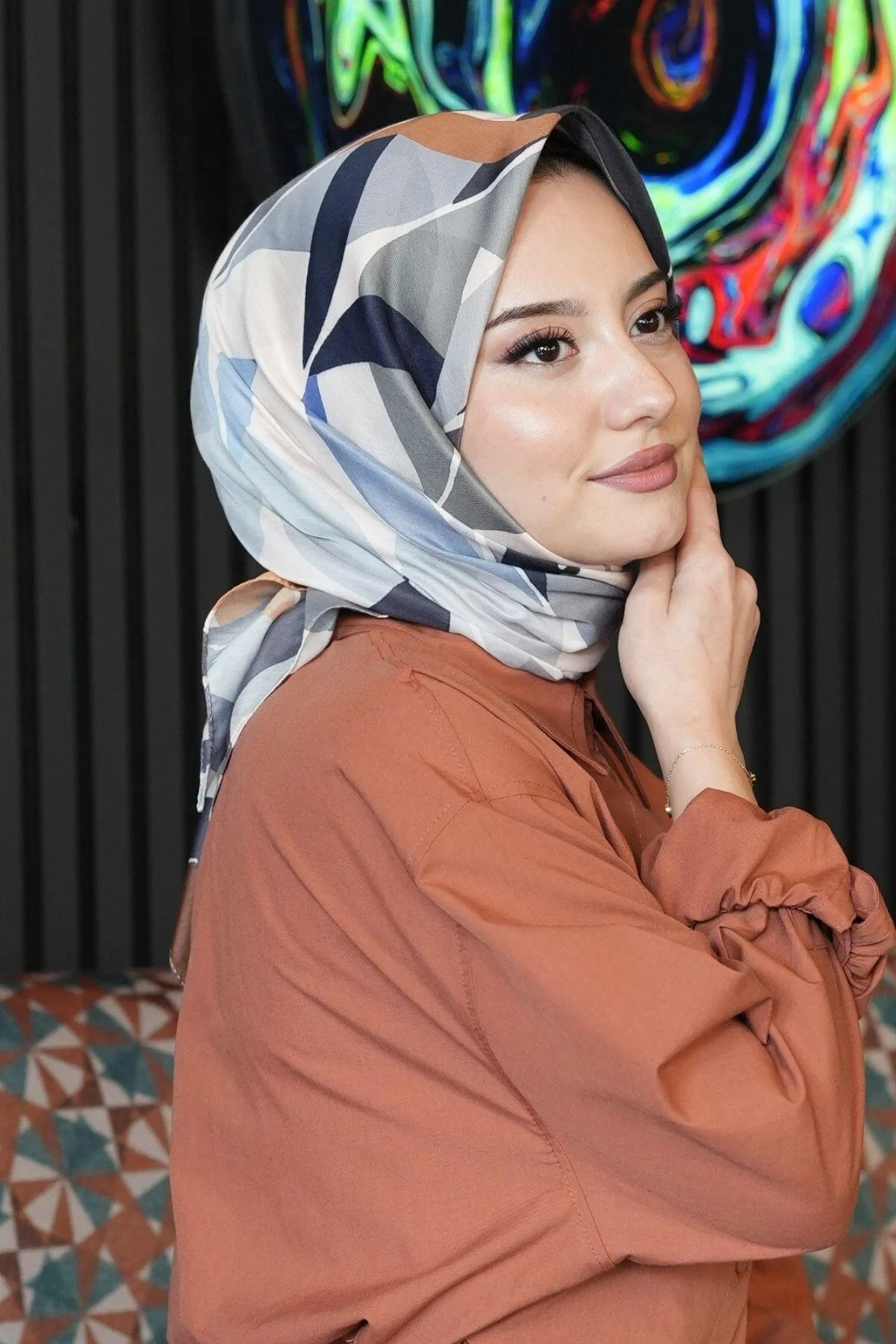 روسری نود پنبه آبی الگوی برگ AFVENTE