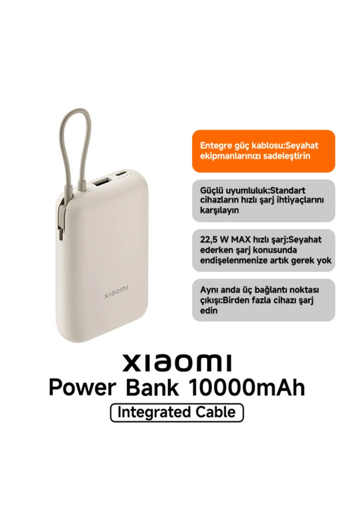 پاوربانک پاور بانک 10000 میلی‌آمپر ساعتی کرم یکپارچه کابل USB و پورت C 22.5W BHR9072GL اورجینال Xiaomi