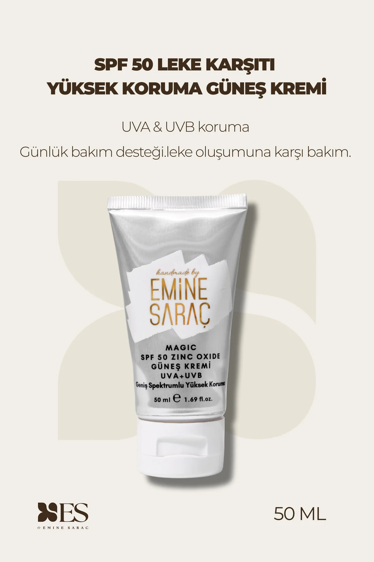 کرم ضد آفتاب صورت با SPF 50 و خاصیت مرطوب کنندگی و ضد لک 50ml HANDMADE BY EMİNE SARAÇ