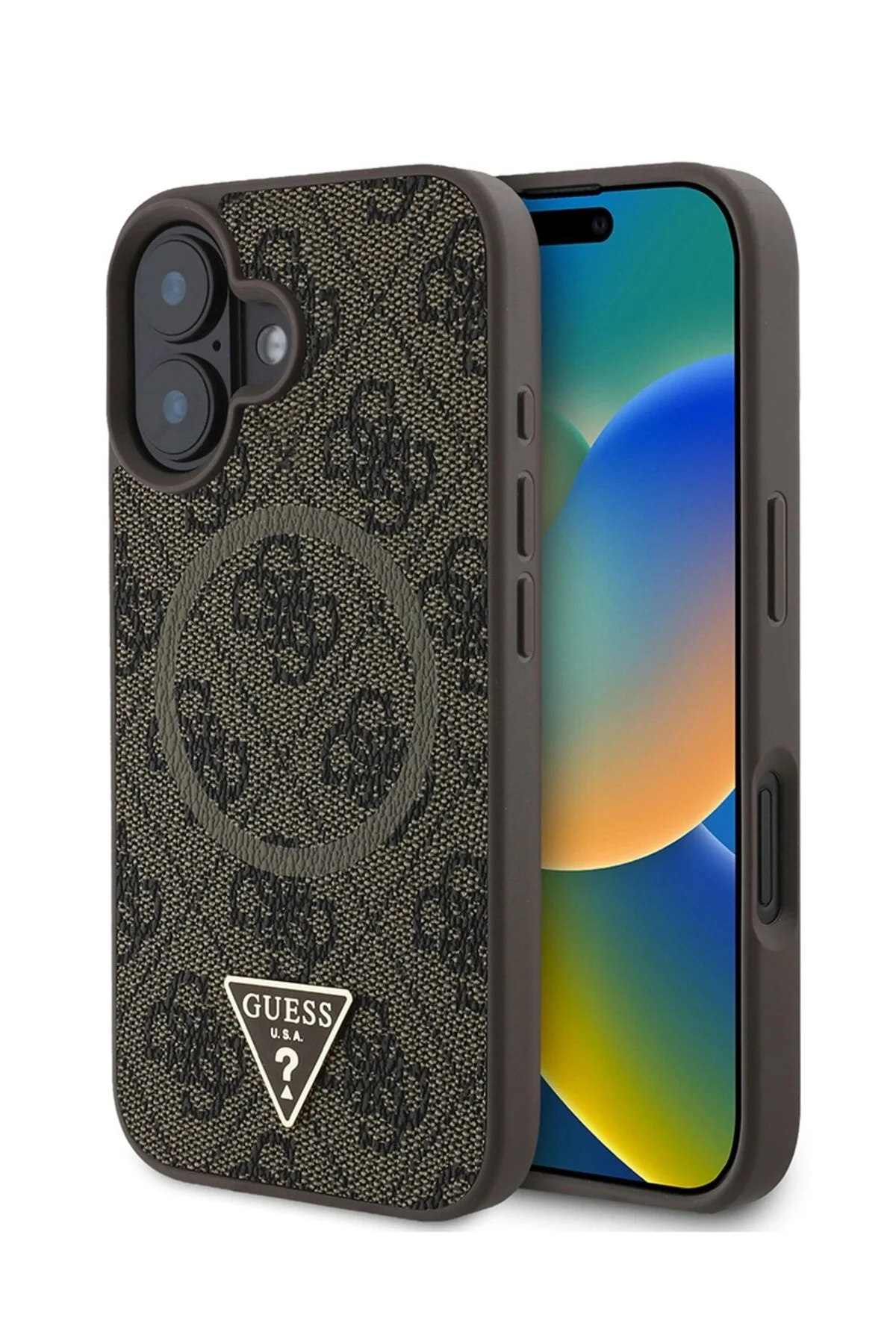 کاور و قاب IPHONE 16 CASEGUESSLICENSED شارژ MAGSAFE سازگار با لوگوی برجسته PU مثلثی 4G طرحدار قهوه ای اورجینال Guess