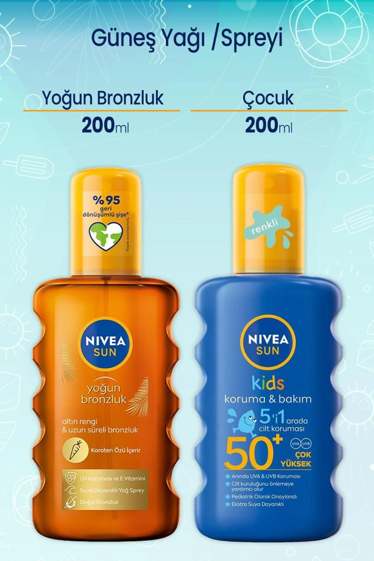 NIVEA اسپری آفتابی کاروتن سان 200 میلی لیتر و اسپری ضد آفتاب مرطوب کودکان 50+ 200 میلی لیتر