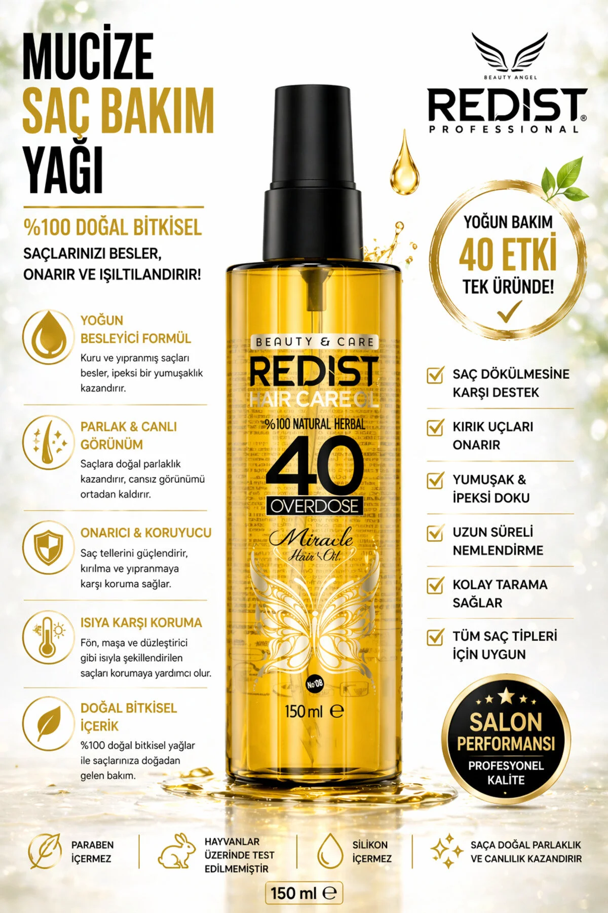 روغن مو 40 گیاهی وگان 150 میلی لیتر مناسب برای موهای آسیب دیده و بی جان Redist
