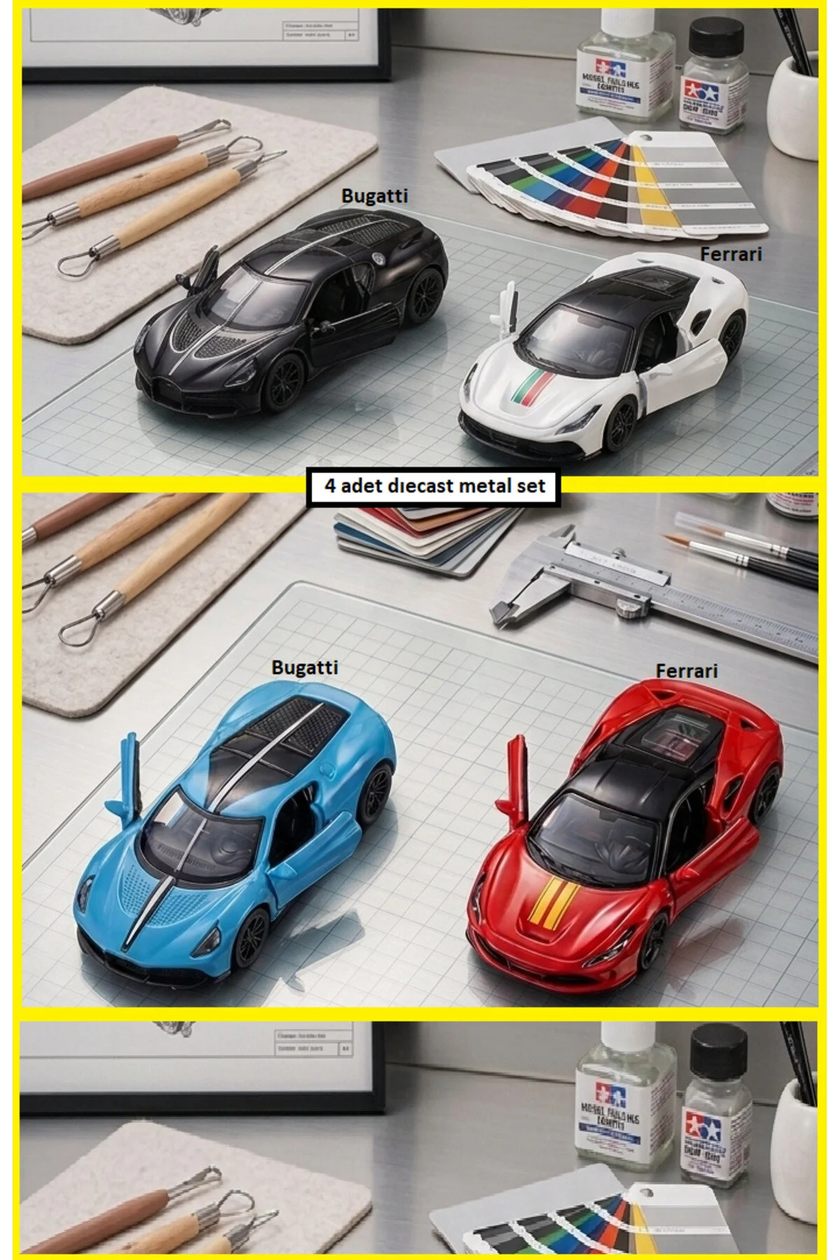 مدل خودرو BUGATTI CHIRON AND FERRARI ITALIA 458 STYLE 4 PIECES CAR SET DIECAST 1.64 COLLECTION 10.5CM از ترکیه OYUNCAKSAHİLİ