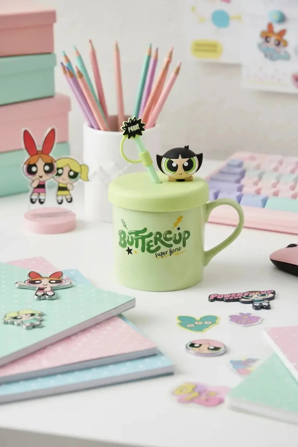 ماگ لیوان سرامیکی 450 میلی لیتری POWERPUFF GIRLS دارای مجوز با تزیین و نی باترکاپ Miniso