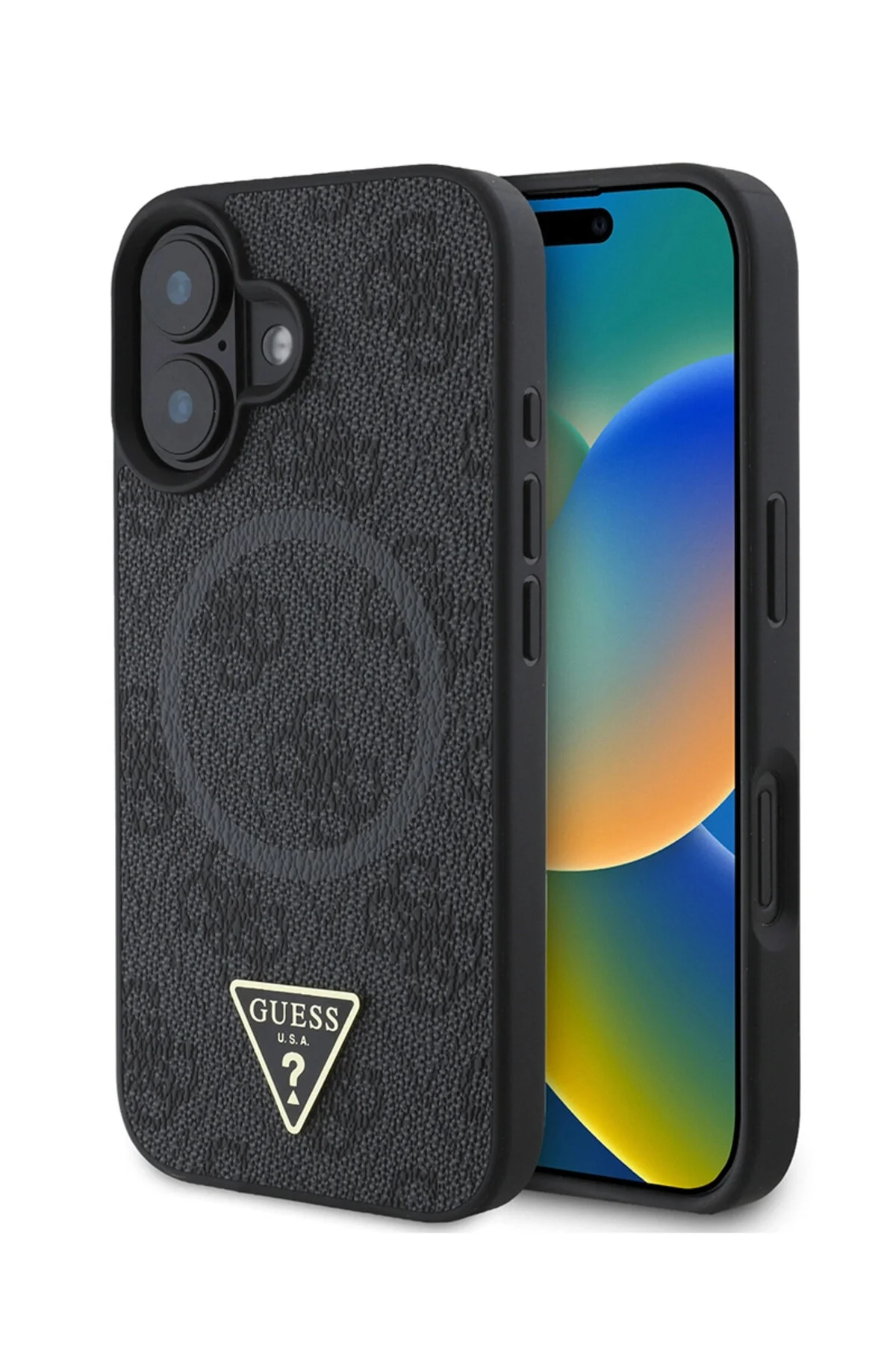 کاور و قاب IPHONE 16 CASE GUESS LICENSED MAGSAFE CHARGING LOGO برجسته PU مثلثی 4G مشکی طرحدار اورجینال Guess
