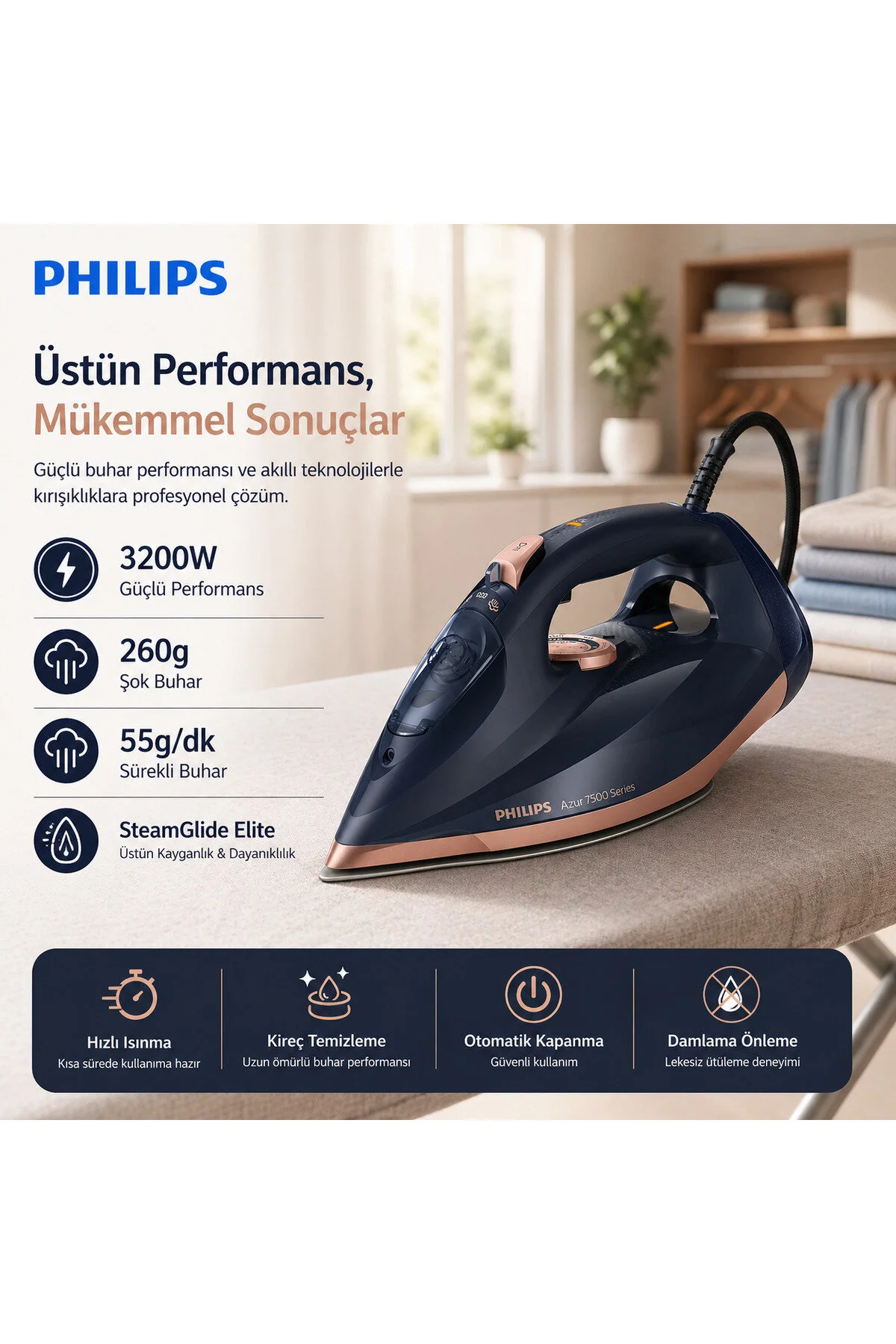 اتو بخار 3000 وات فناوری OPTIMALTEMP زیره STEAMGLIDE ELITE اورجینال Philips