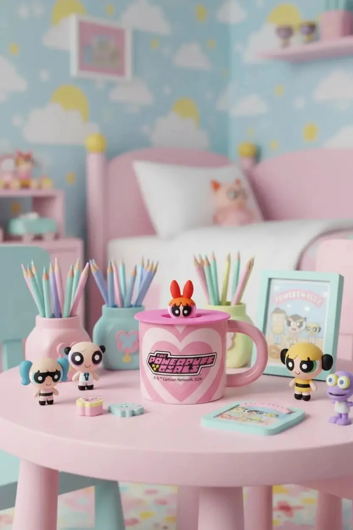 ماگ لیوان سرامیکی POWERPUFF GIRLS دارای مجوز با درب 340 میلی لیتر BLOSSOM Miniso