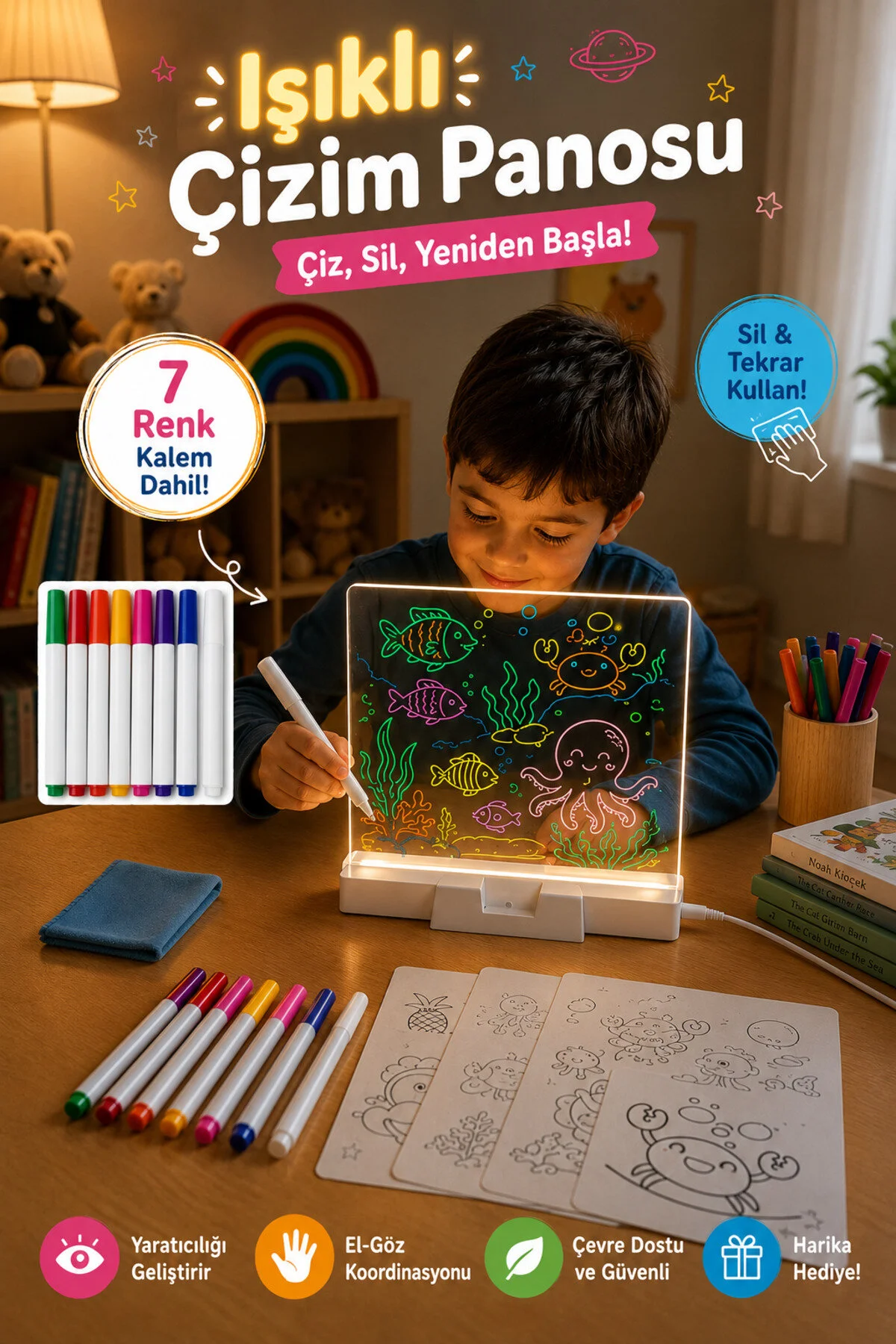 تخته نقاشی و طراحی چراغ‌دار BEYZANA LED به همراه پایه و ۶ ماژیک فلورسنت به عنوان هدیه