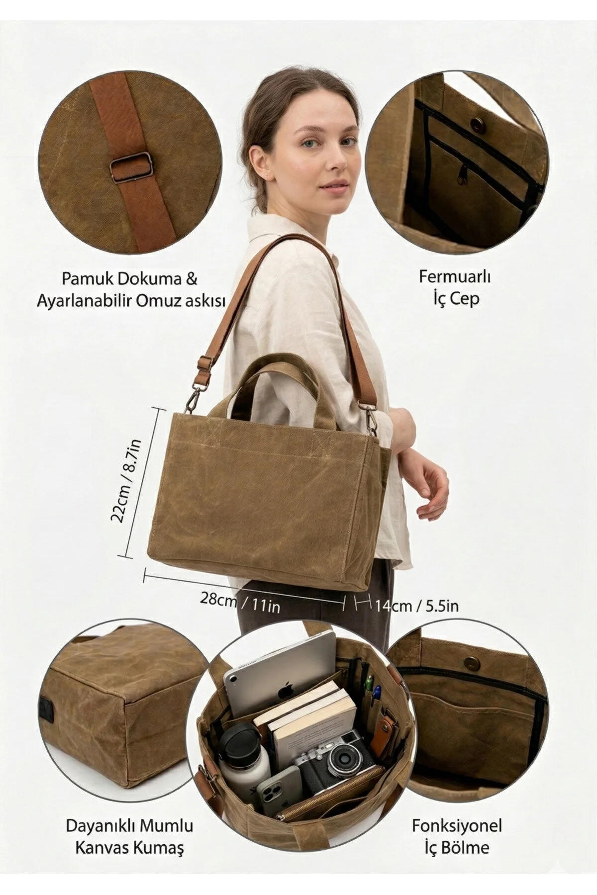 کیف شانه ای استفاده روزانه از دستی و با بند برزنتی پارچه سخت Goo Leather Goods