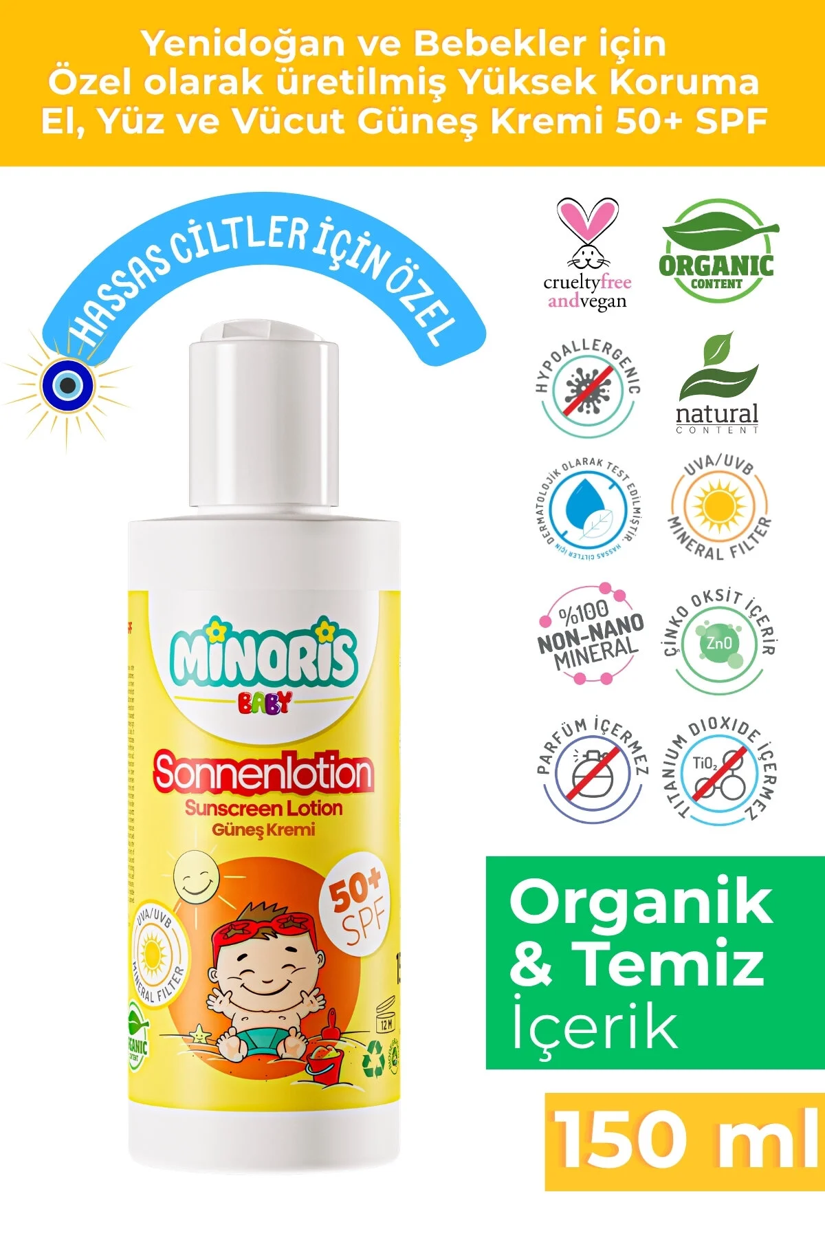 Minoris کرم ضد آفتاب آلی بچه ها با SPF 50+ و روغن رز و آلوئه ورا