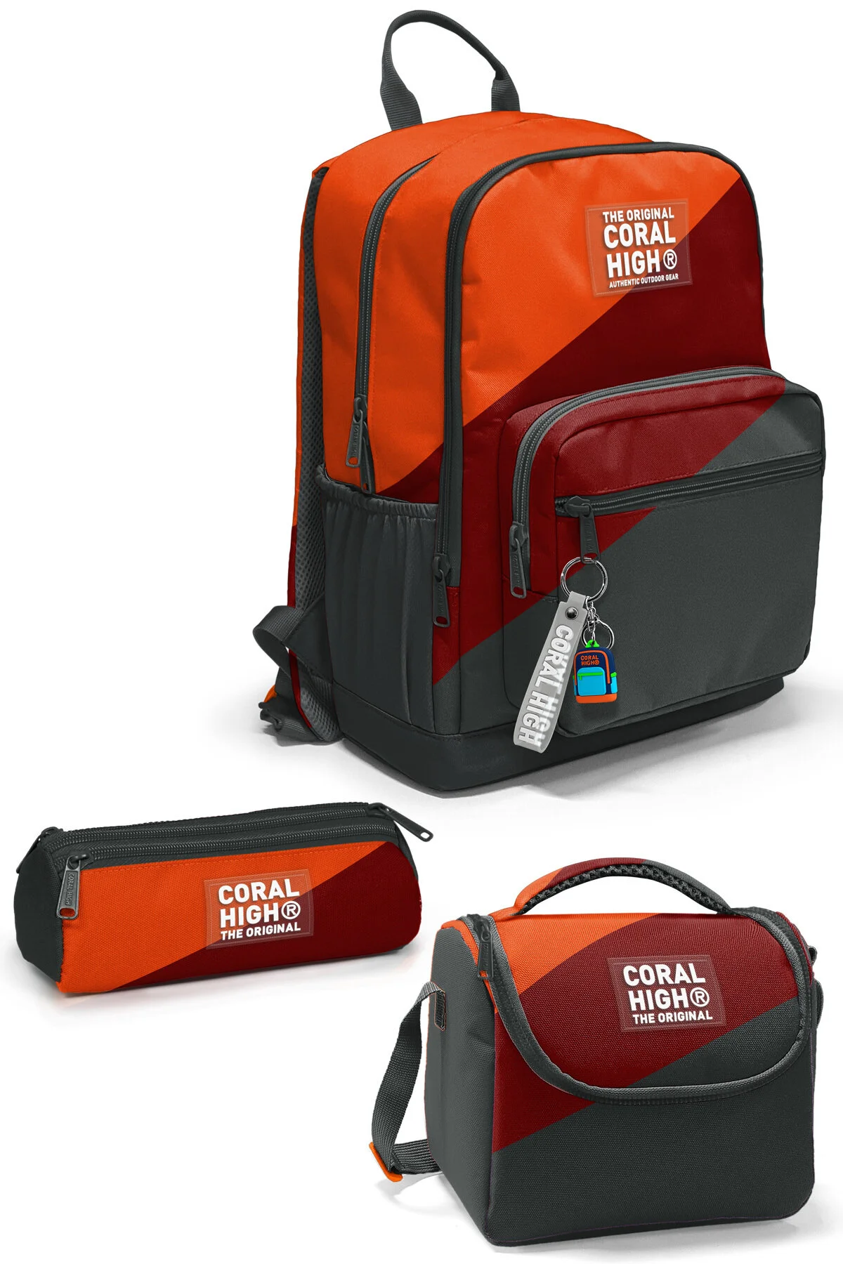 کیف مدرسه ست 3 تکه رنگ نارنجی کلارت قرمز خاکستری تیره SET0123692 Coral High