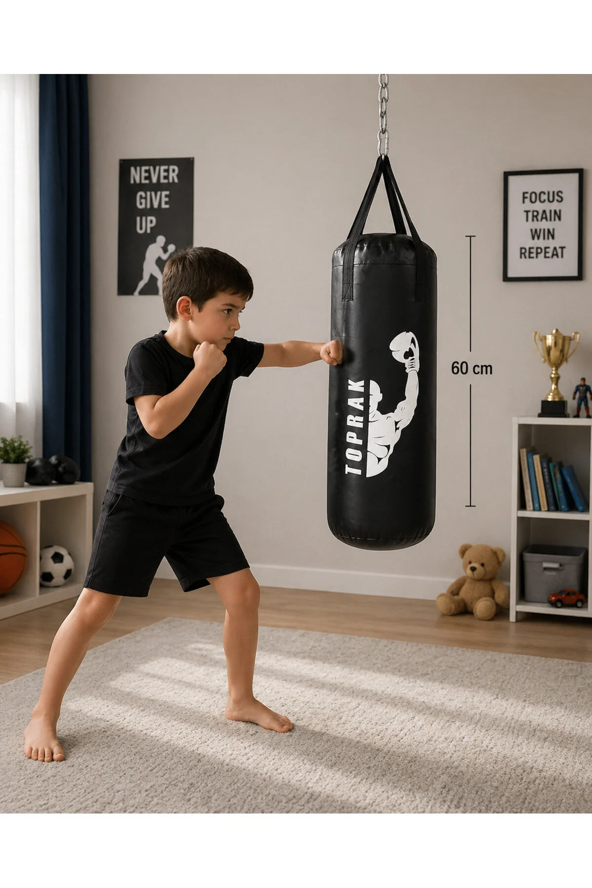 اسباب بازی های فیگور دیگر کیسه بوکس 60 سانتی متری مشکی برای کودکان 9 تا 13 سال TOPRAK SPORT