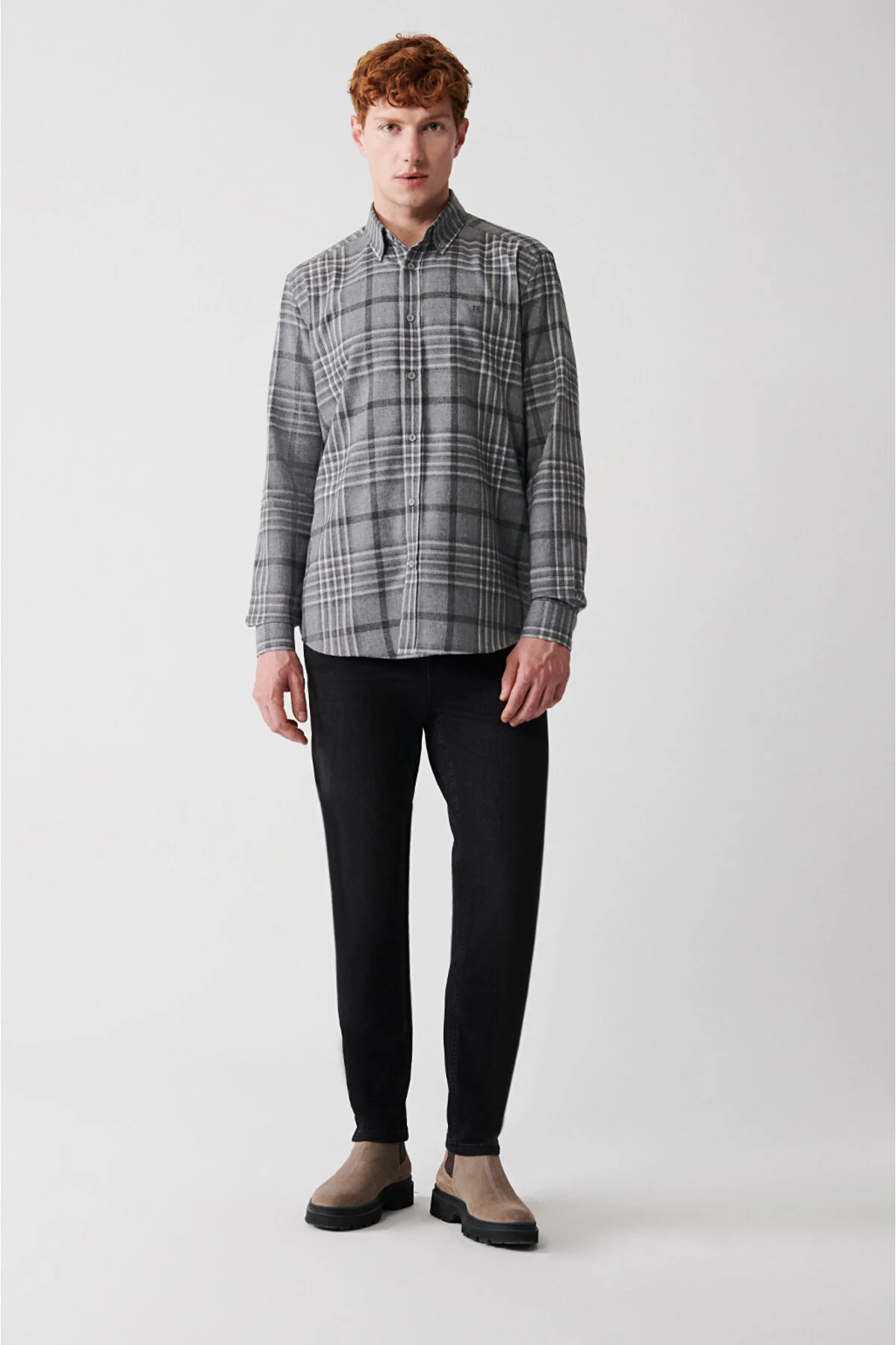 پیراهن / بلوز دکمه دار خاکستری مردانه فلانل Plaid Flannel آوا Avva