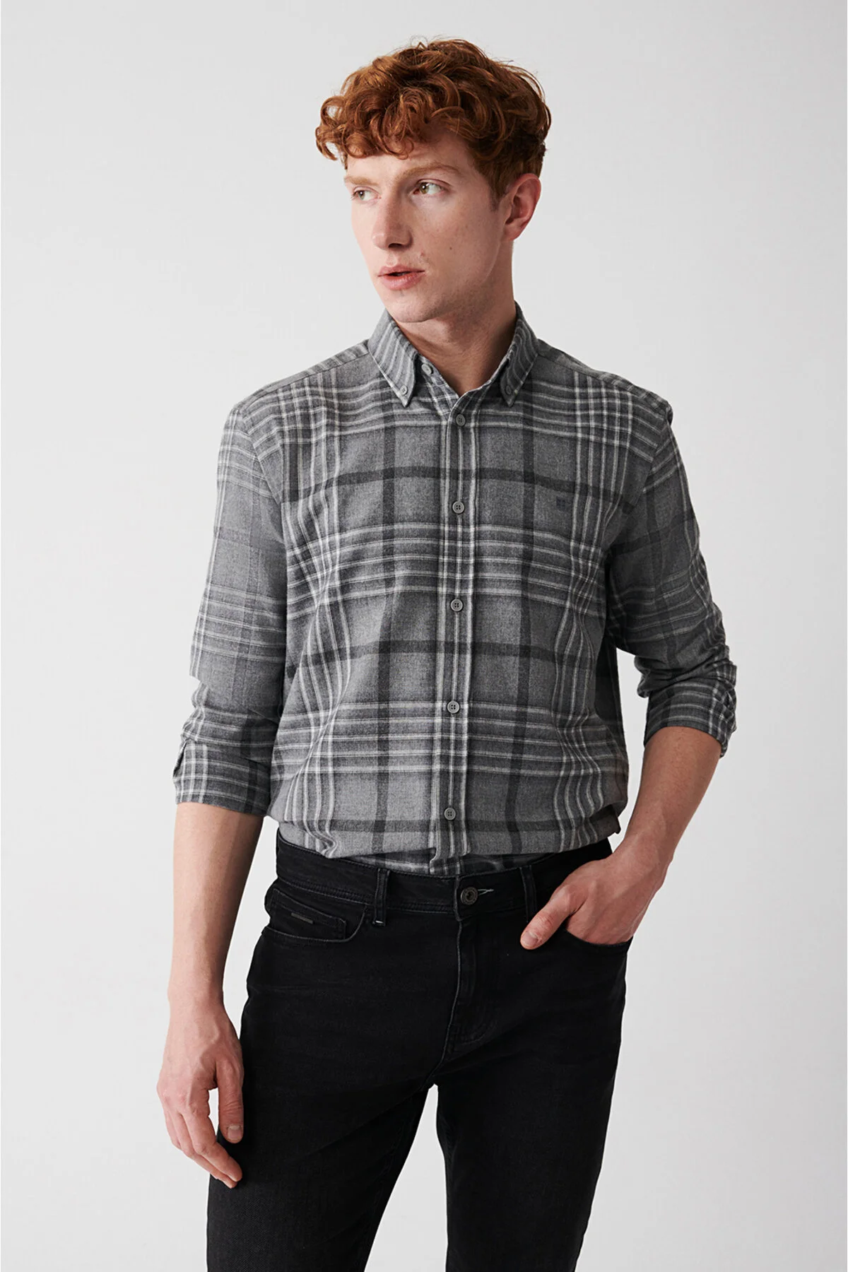 پیراهن / بلوز دکمه دار خاکستری مردانه فلانل Plaid Flannel آوا Avva