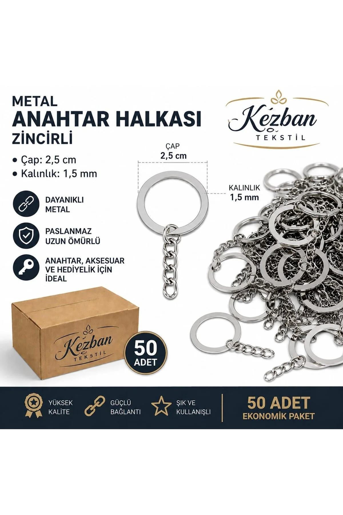 جلیقه کلید حلقه جاکلیدی با زنجیر 2.5 سانتی متری 50 عدد Kezban Tekstil