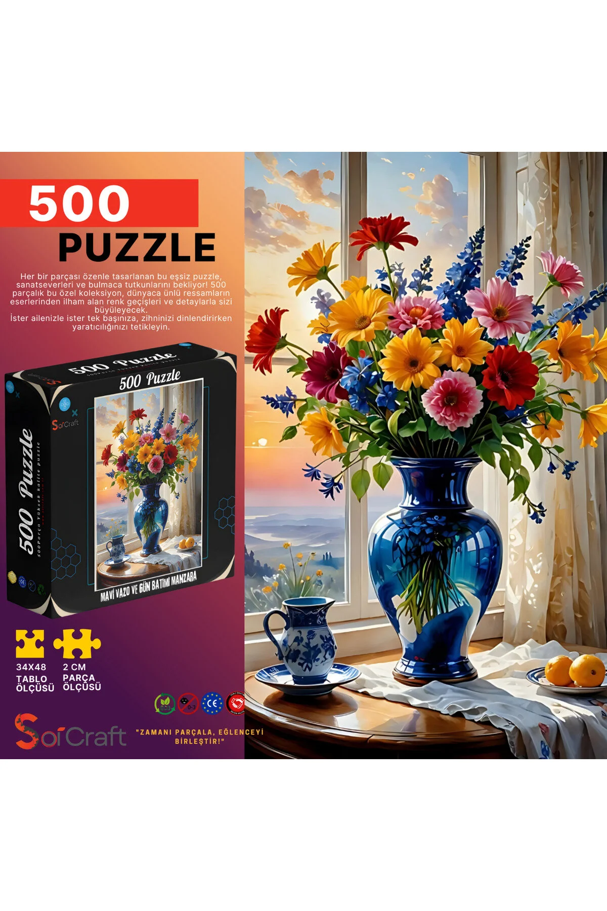 پازل گلدان آبی پازلی 500 تکه و گلهای ترکیبی با نمای غروب Soi Craft