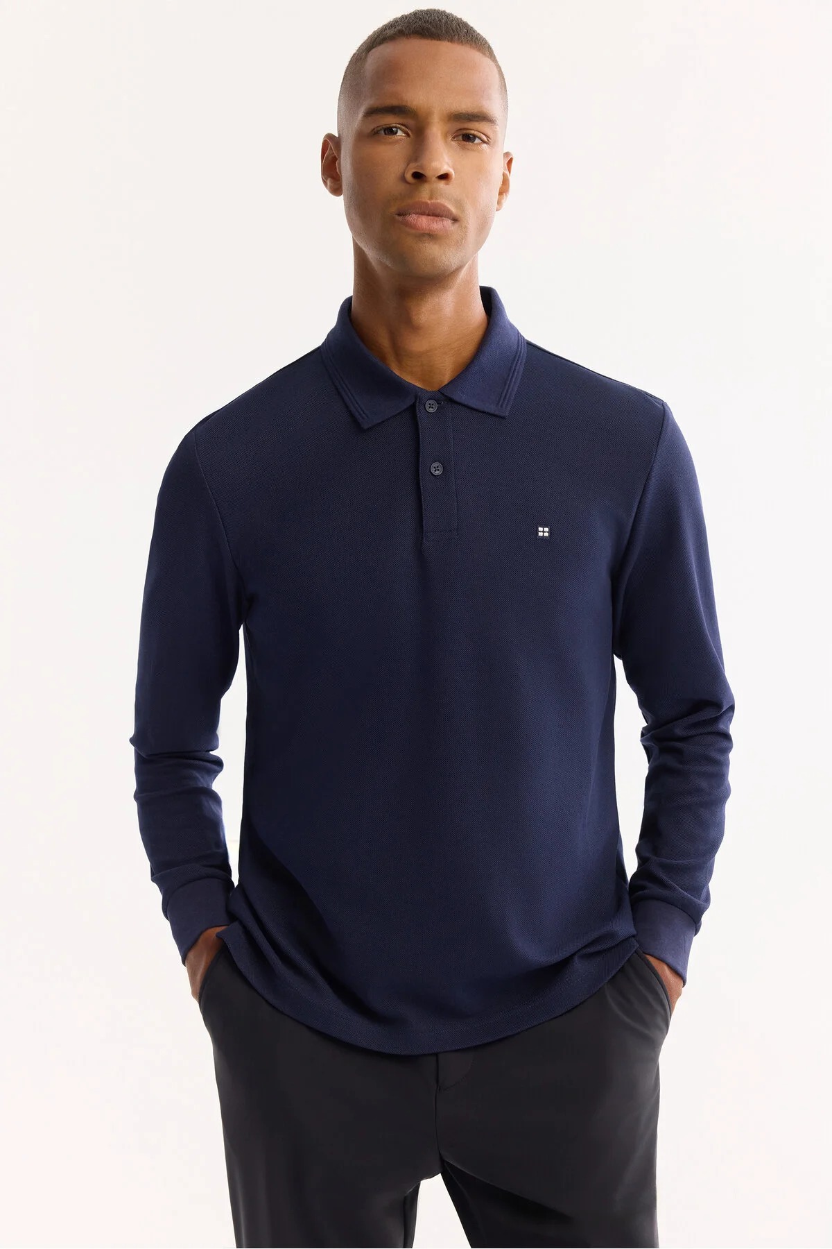 سویشرت آبی مردانه دکمه پنبه ای نفتی 2 نفره یوناور Yaka Sweatshirt B001080 آوا Avva