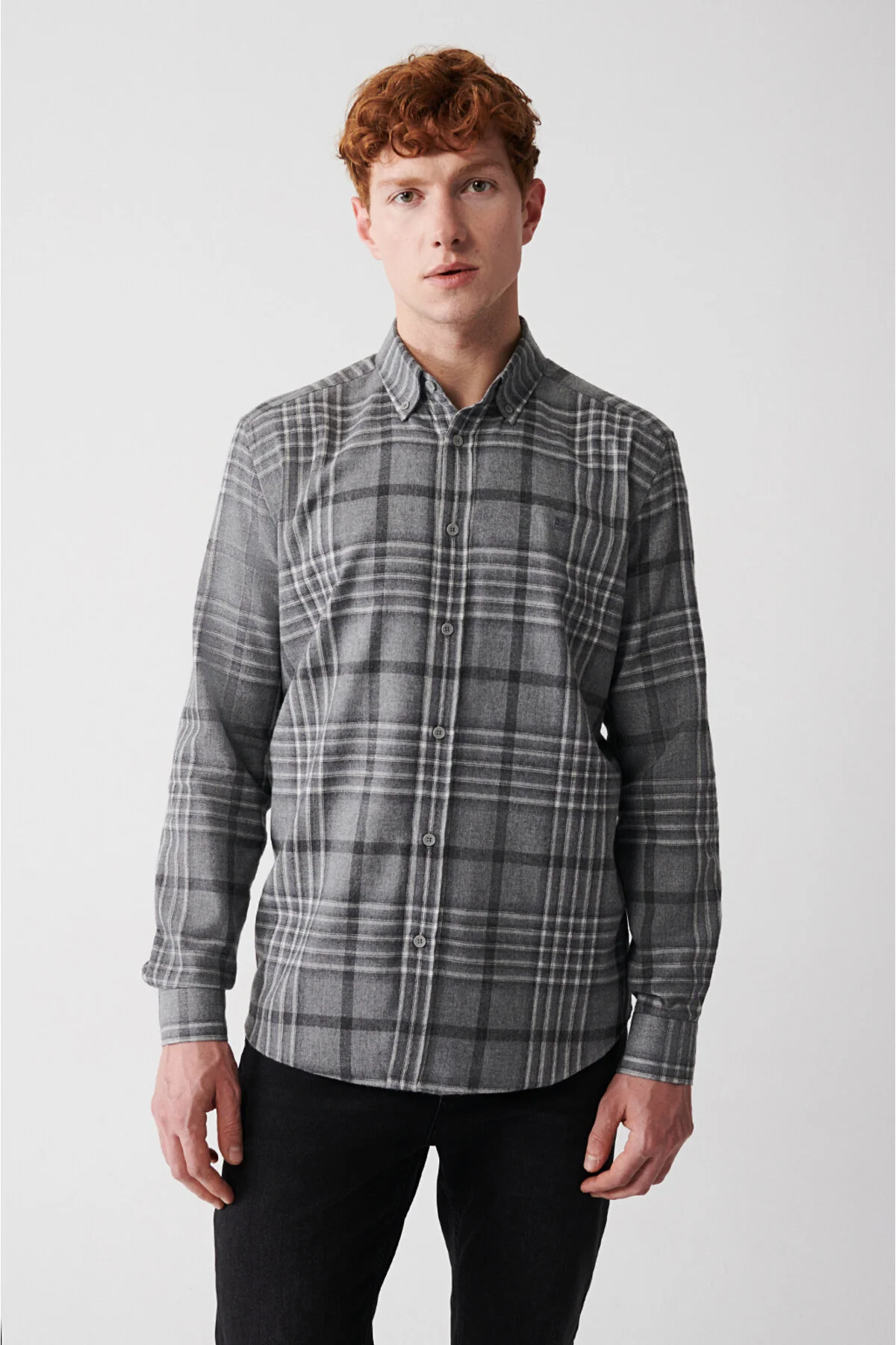 پیراهن / بلوز دکمه دار خاکستری مردانه فلانل Plaid Flannel آوا Avva