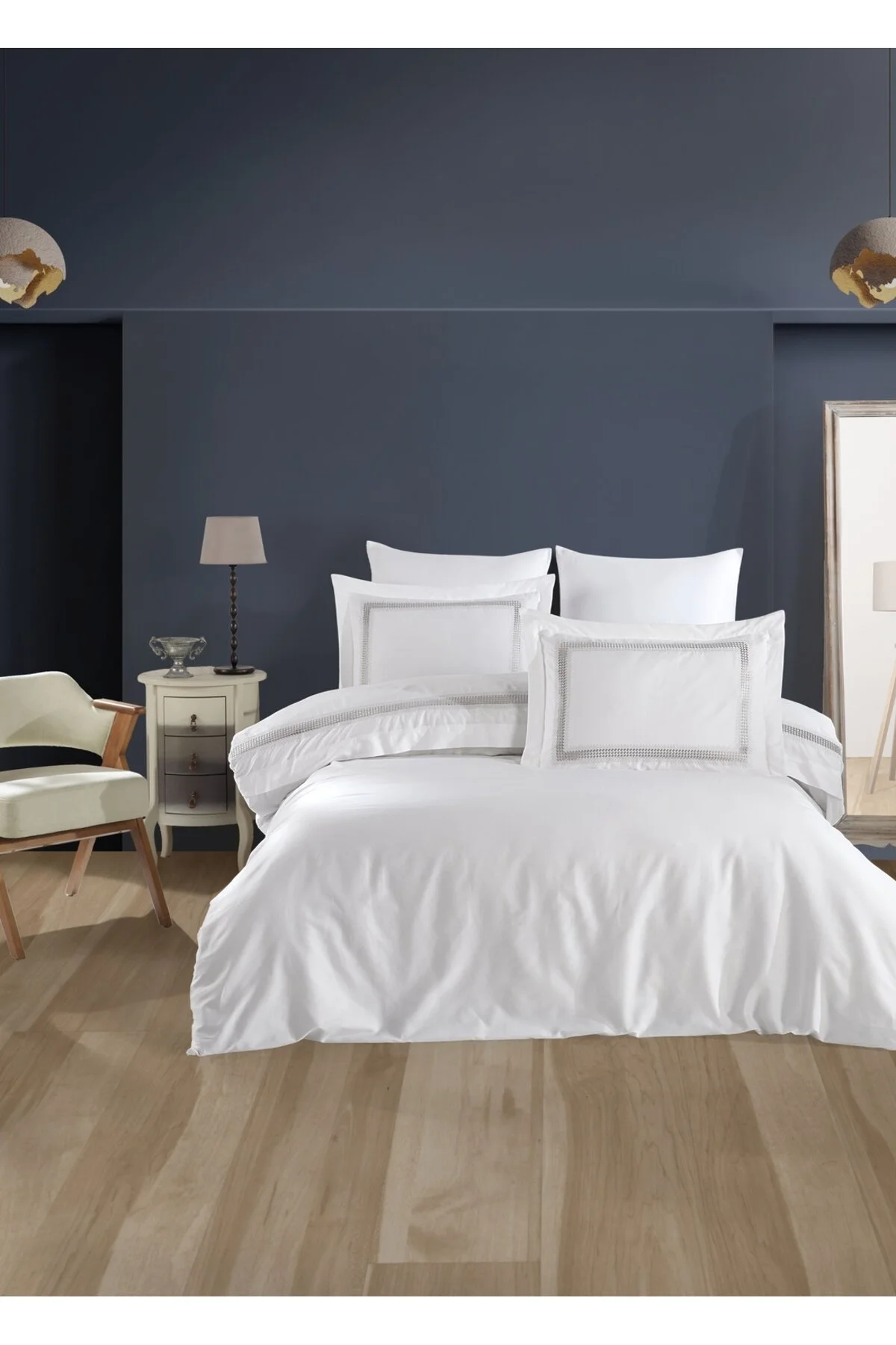 کاور لحاف دو نفره خاکستری سرویس روتختی کاترینا گلدوزی شده روی ساتن پنبه ای دوتایی مجموعه Dantela