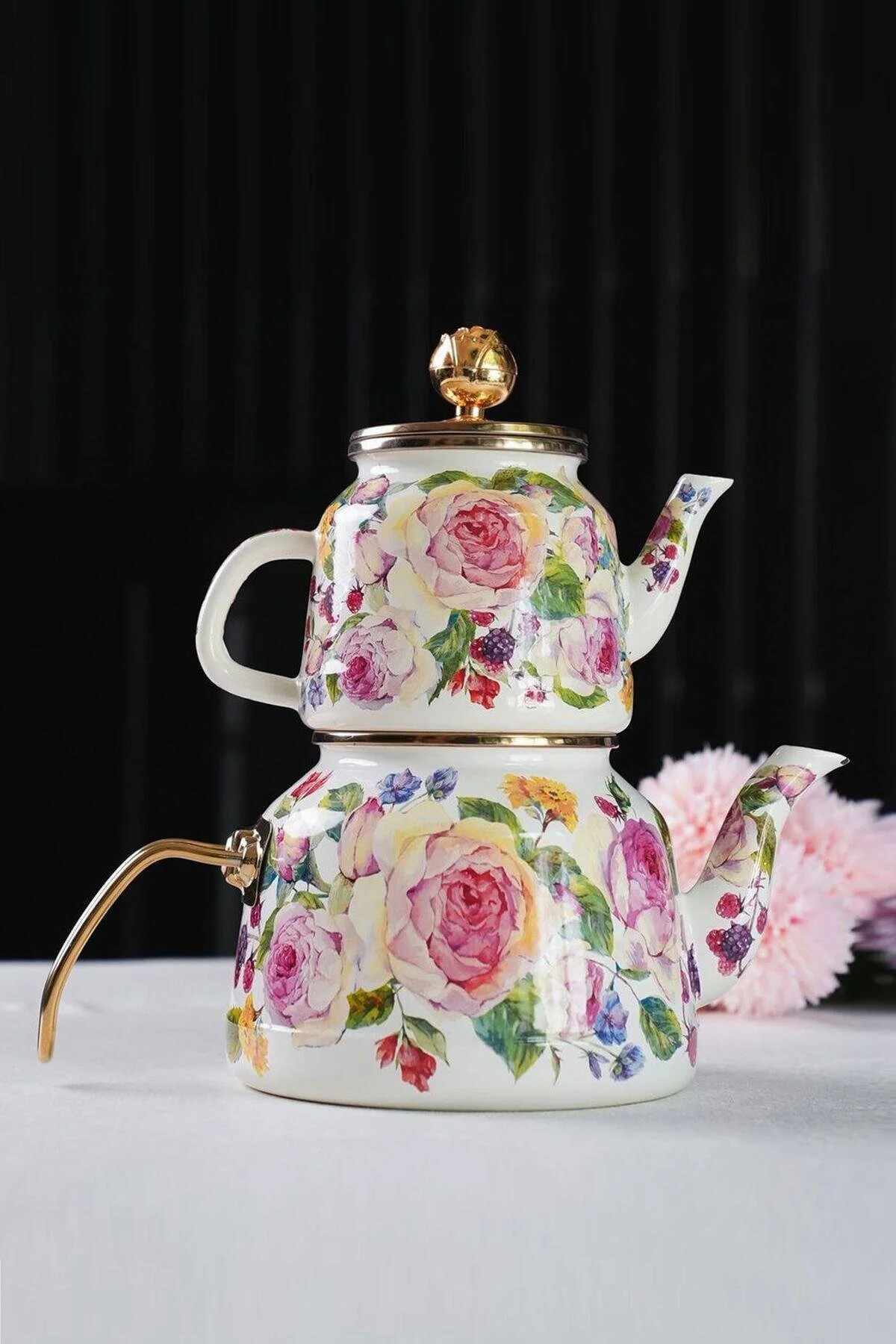 کتری قوری چای‌ساز سنتی TEAPOT EANAMEL ROSE DELUXE اورجینال Miss Betty
