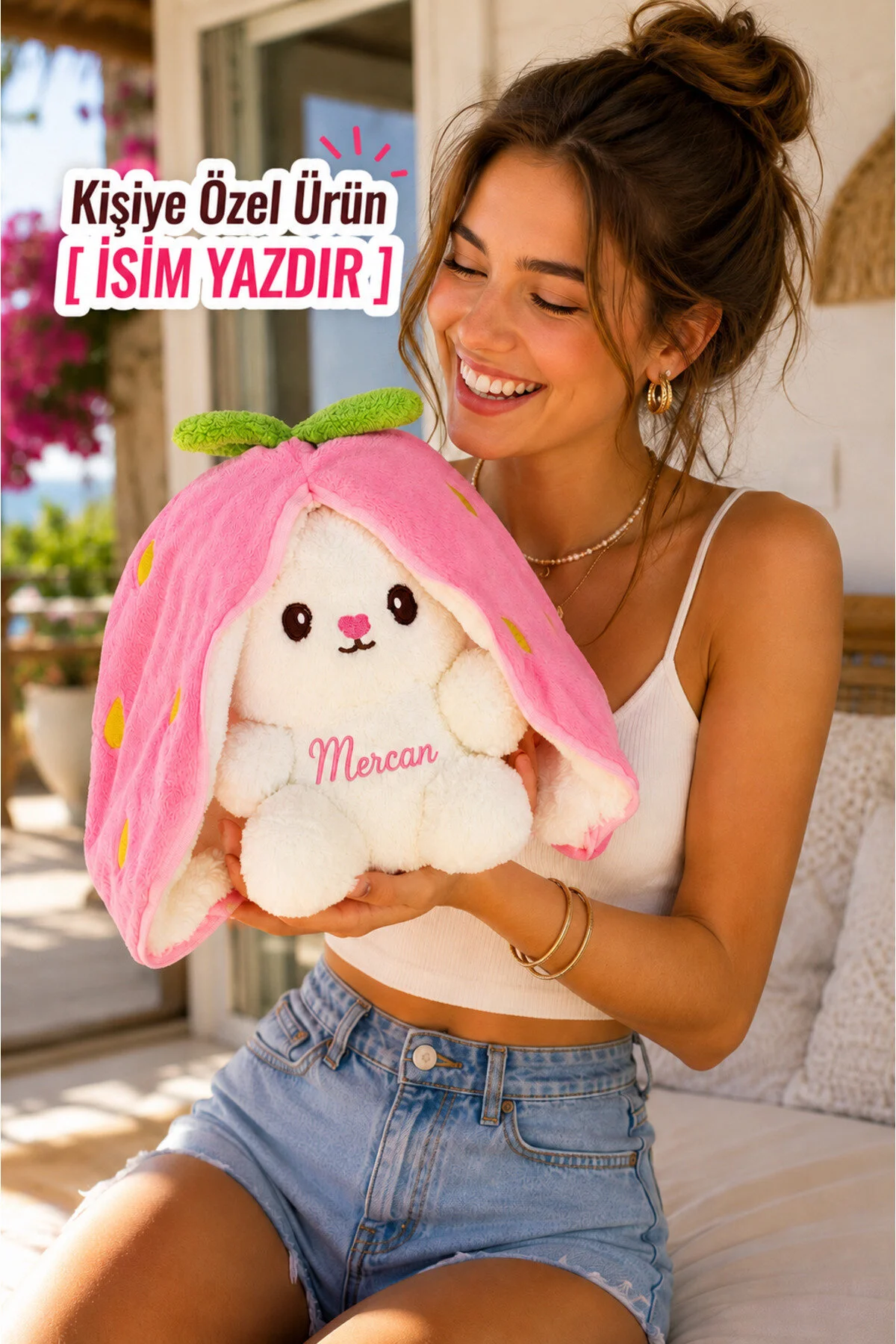 اسباب بازی های پشمی خرگوش کیسه توت فرنگی 50 سانتیمتری مخصوص عاشقان HARİKA PELUŞ FABRİKASI