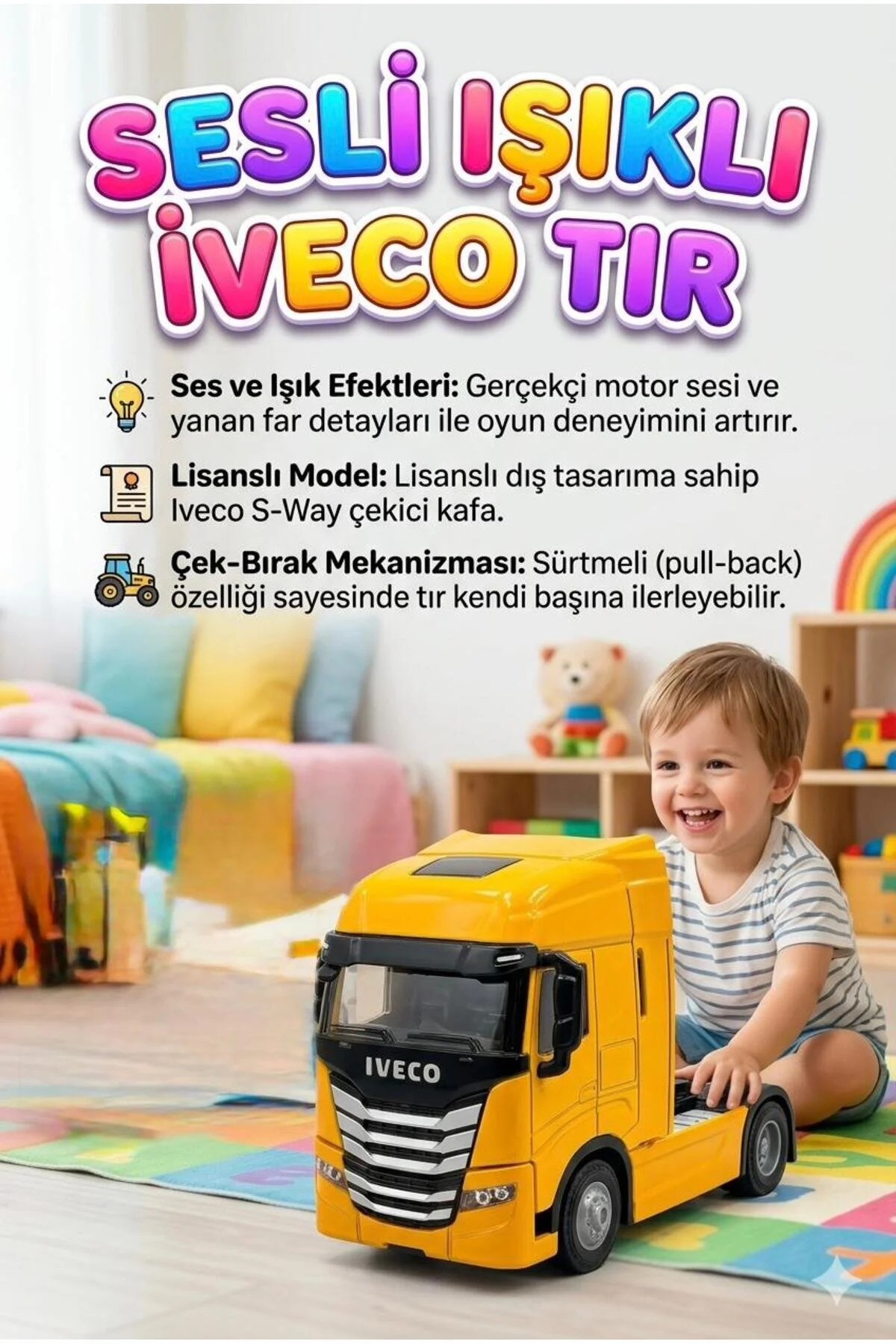 ماشین اسباب بازی فلزی IVECO TRUCK YELLOW با باتری نور و صدا Tıfıl Toys