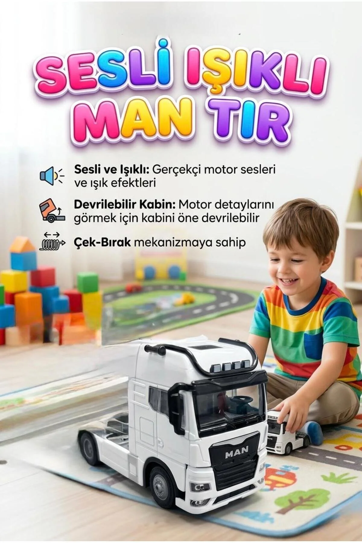 ماشین اسباب بازی نور صدا کار با باتری کشش و رها کردن MAN METAL TOY TRUCK WHITE Tıfıl Toys