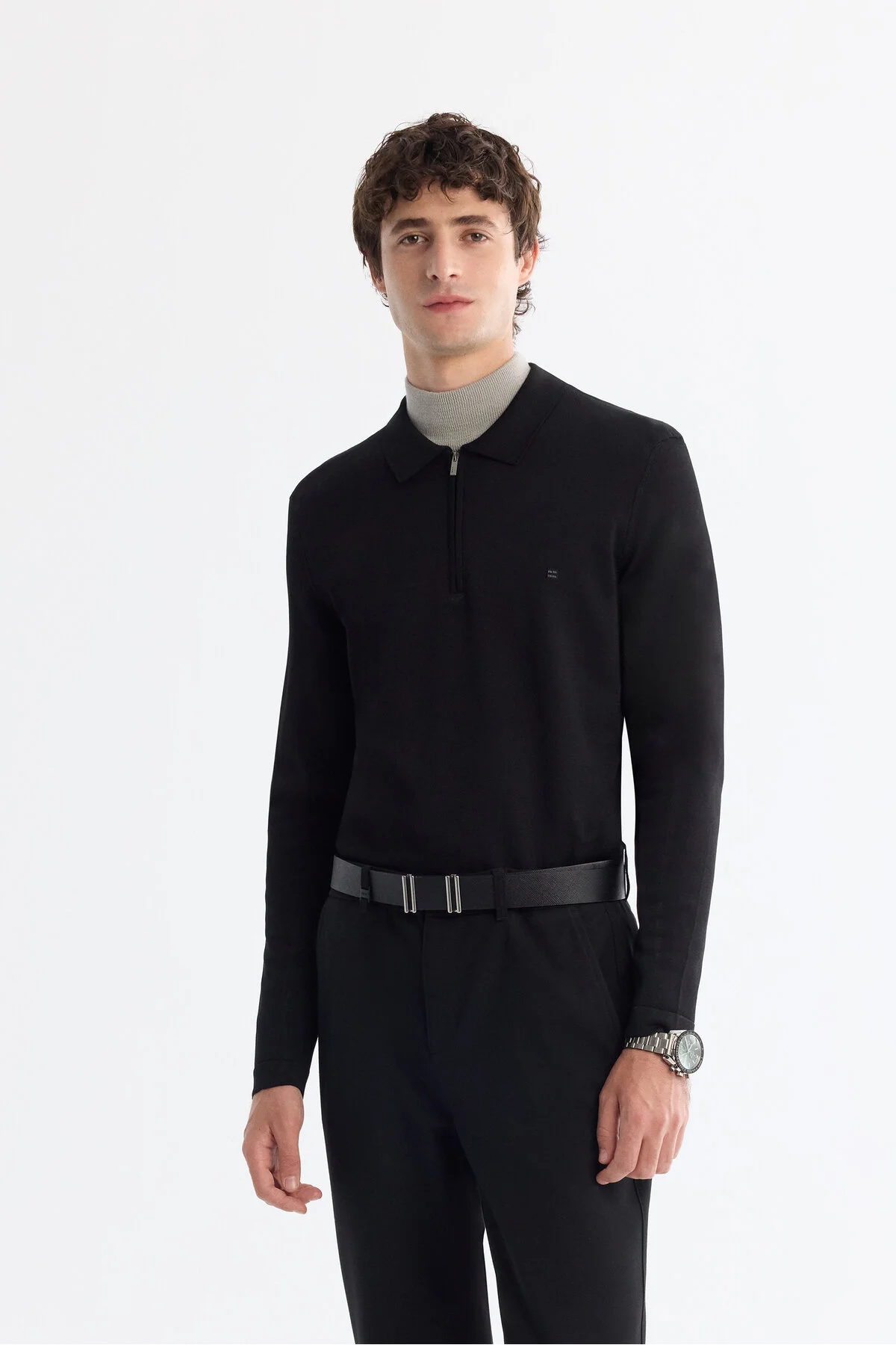پلیور مشکی مردانه Zipper Polo Yaka Kazakh A42Y5009 آوا Avva