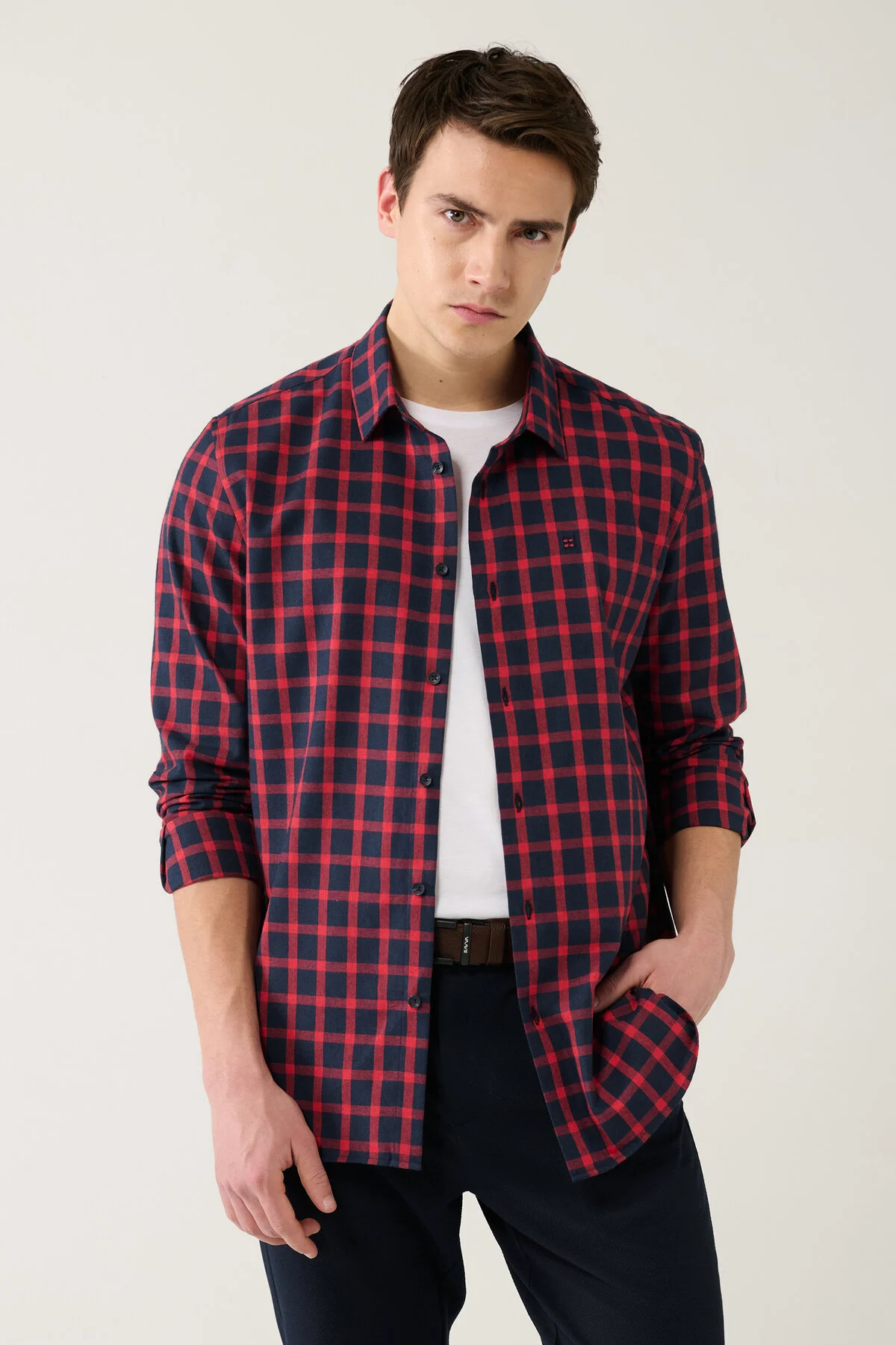 پیراهن / بلوز دکمه دار قرمز مردانه چوب پنبه ای آبی رنگ مایل به Flannel آوا Avva