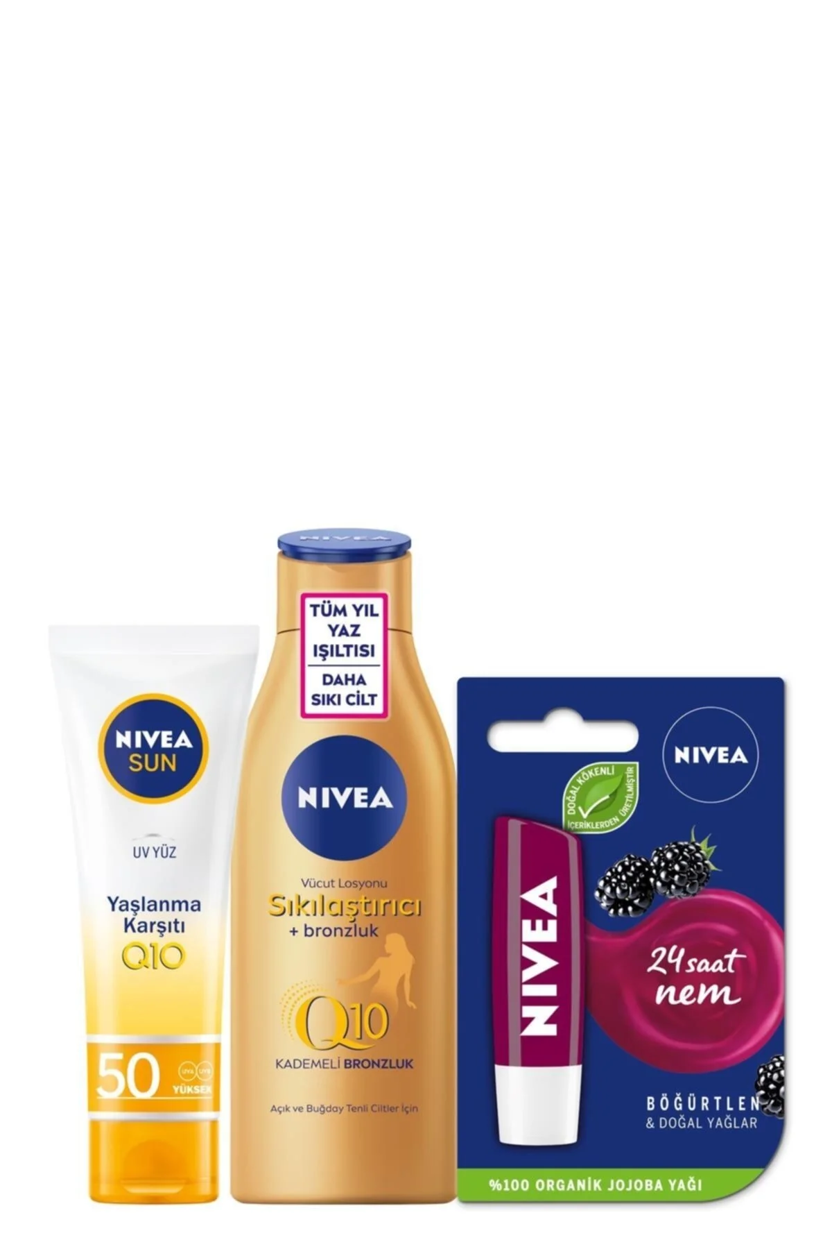 NIVEA ضدآفتاب صورت محافظت از پوست ضد لکه GKF 50+ لوسیون بدن تنگ کننده Q10 200 میلی لیتر + کرم لب توت فرنگی