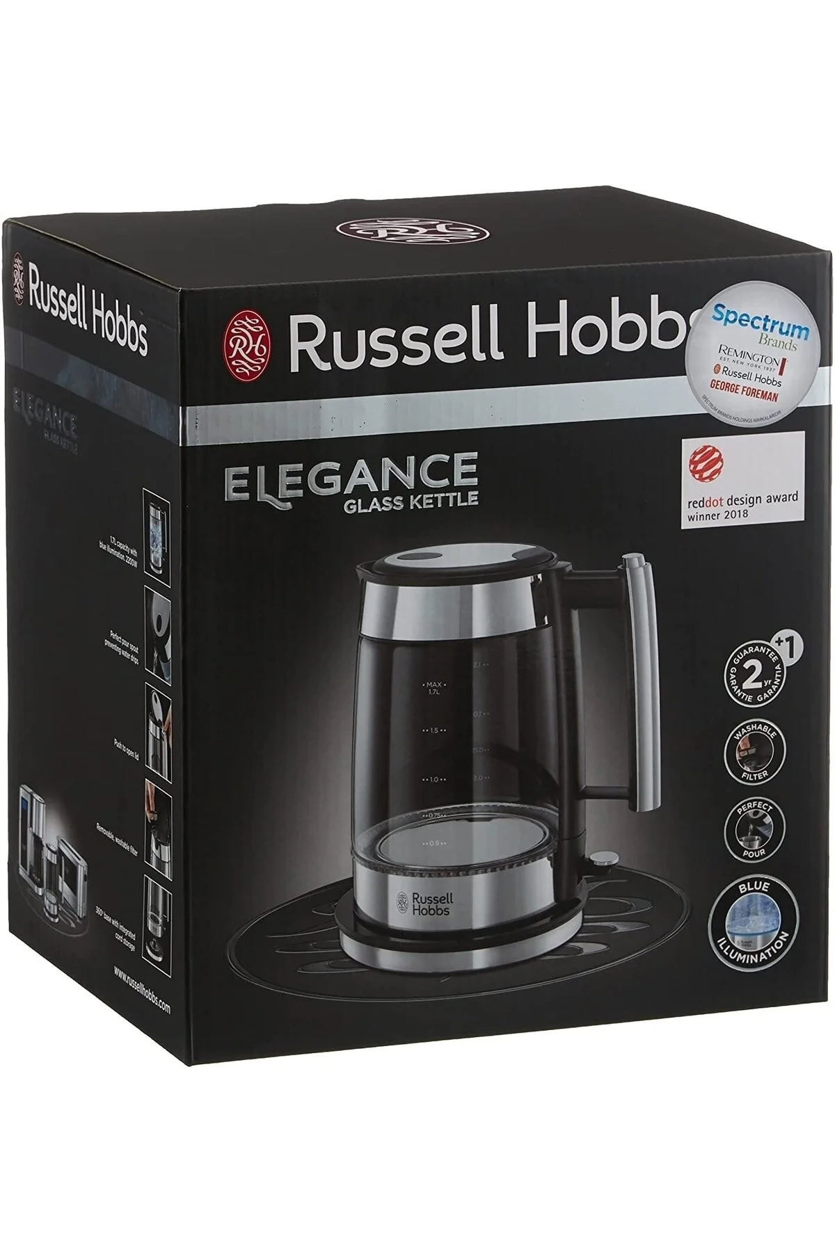 کتری برقی و گرم کن آب چند رنگ شیشه ظرافت بخاری 17 لیتر 200 وات روشنایی Led استیل ضد زنگ  Russell Hobbs