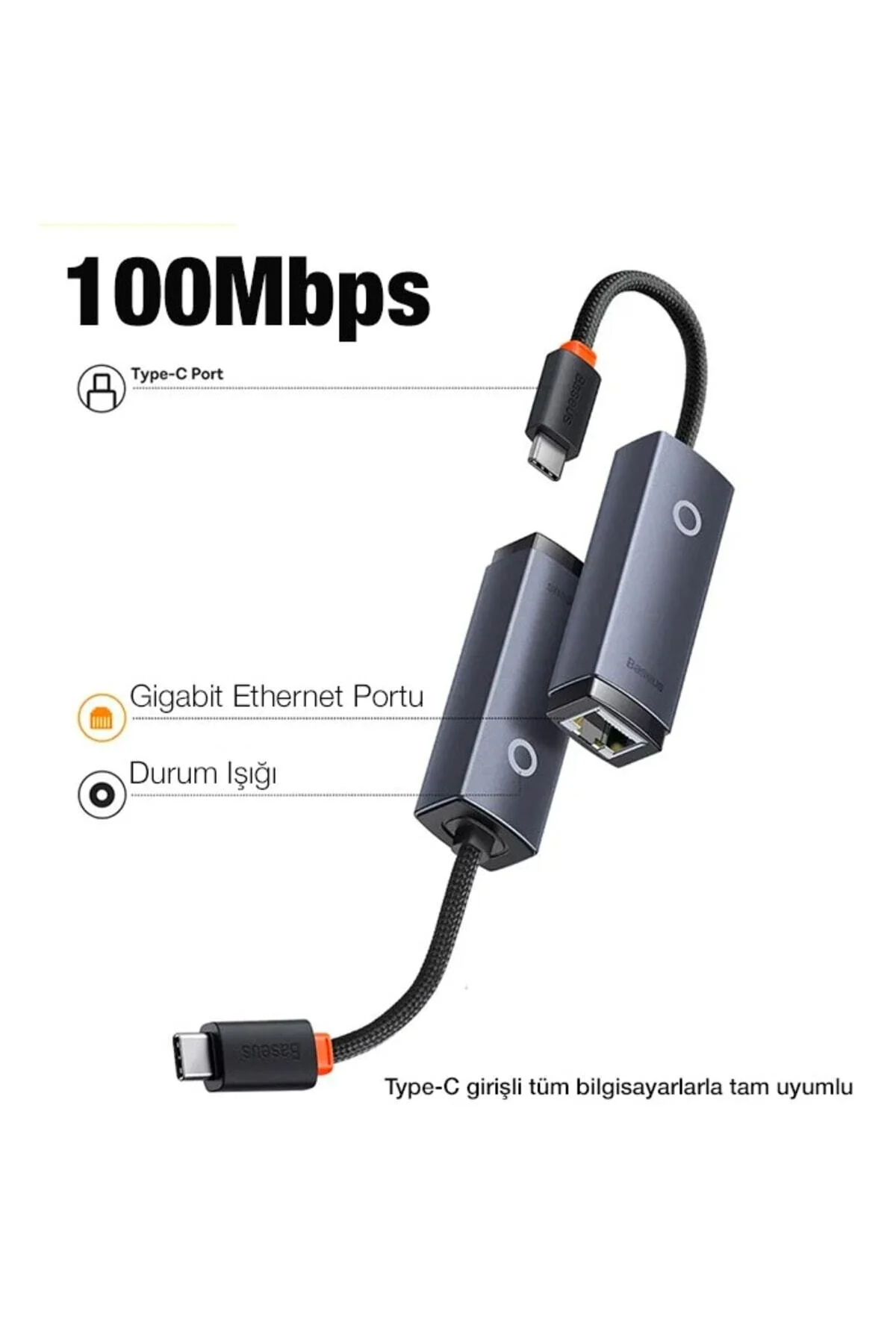 مبدل سری LITE 100MBPS TYPE C به RJ45 اترنت لن آداپتور خاکستری Baseus