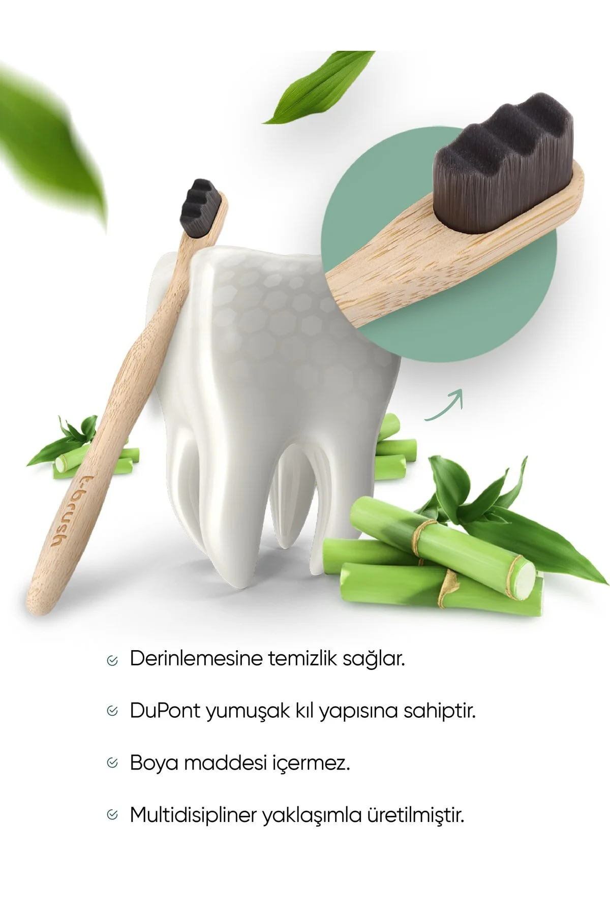 مسواک دستی نانو وگان بامبو با موی نرم برای دندانهای حساس رنگ خاکستری تیره بدون پلاستیک TBRUSH