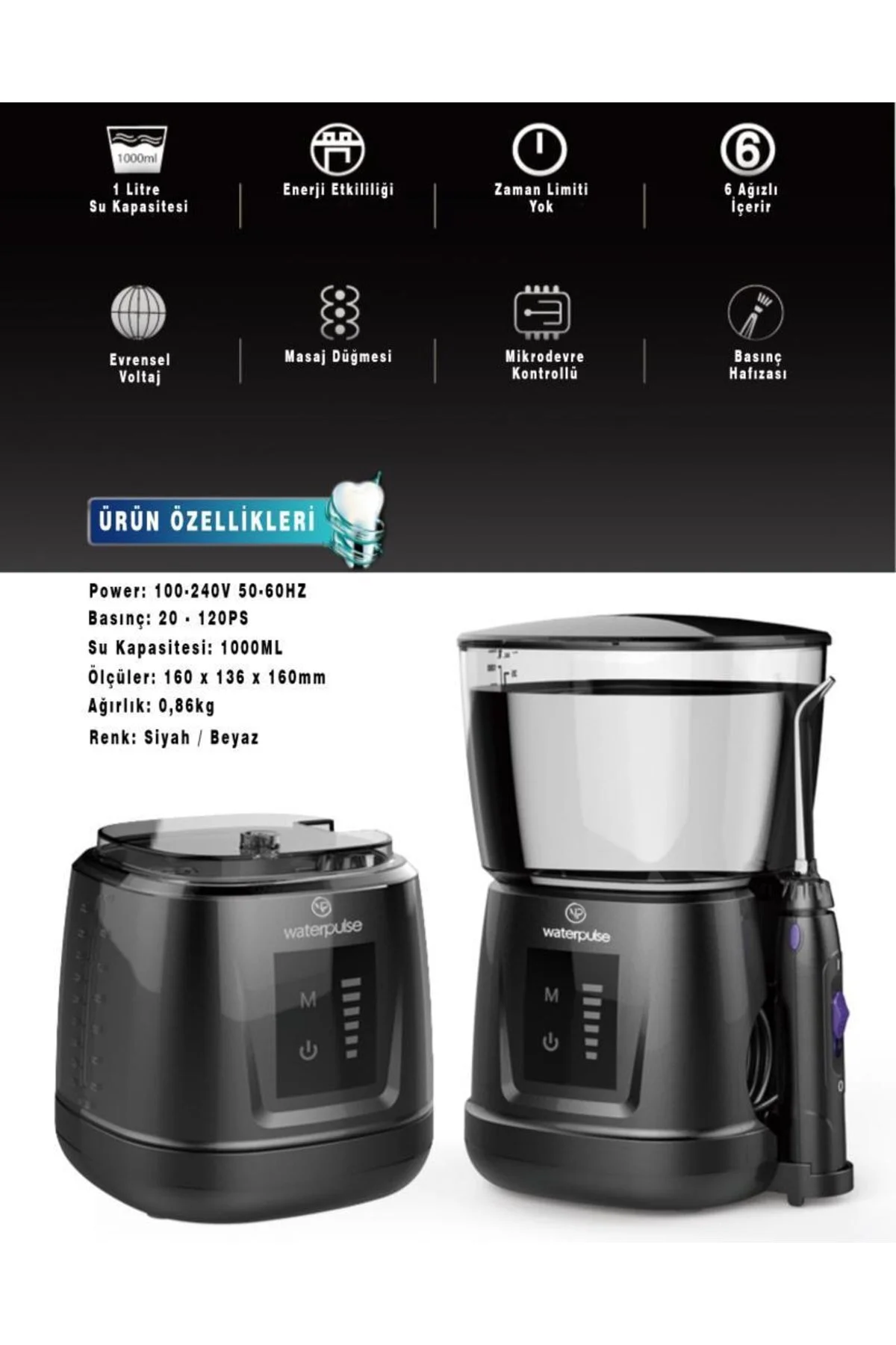 مسواک شارژی واتر جت Wp V700Plus B حرفه ای آب ماساژ 1000 میل پروتز دندانپزشکی و دوش دهان  waterpulse