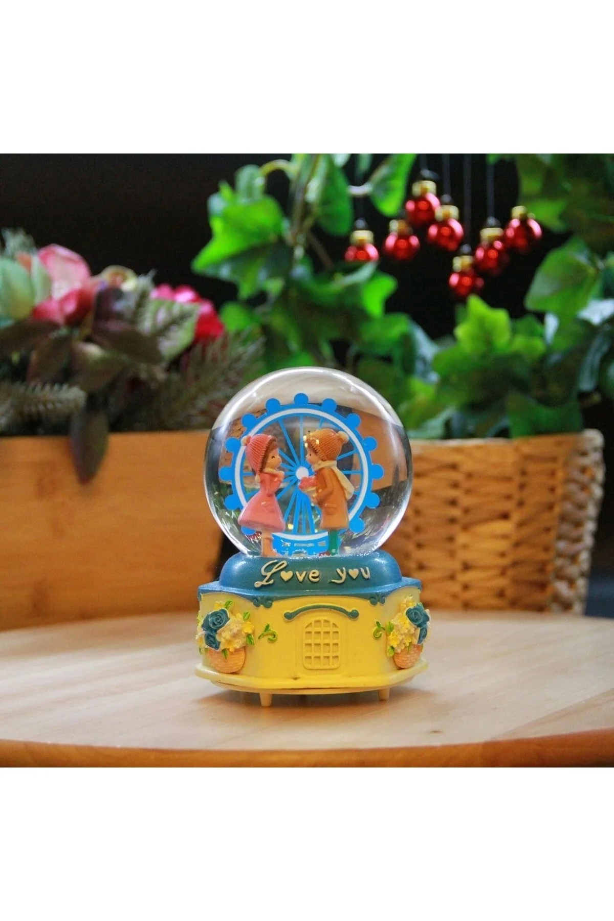 گوی برفی پارک تفریحی LOVE YOU LIGHTED و SNOW GLOBE موزیکال آبی سایز متوسط از ترکیه HEDİYEBİZİZ